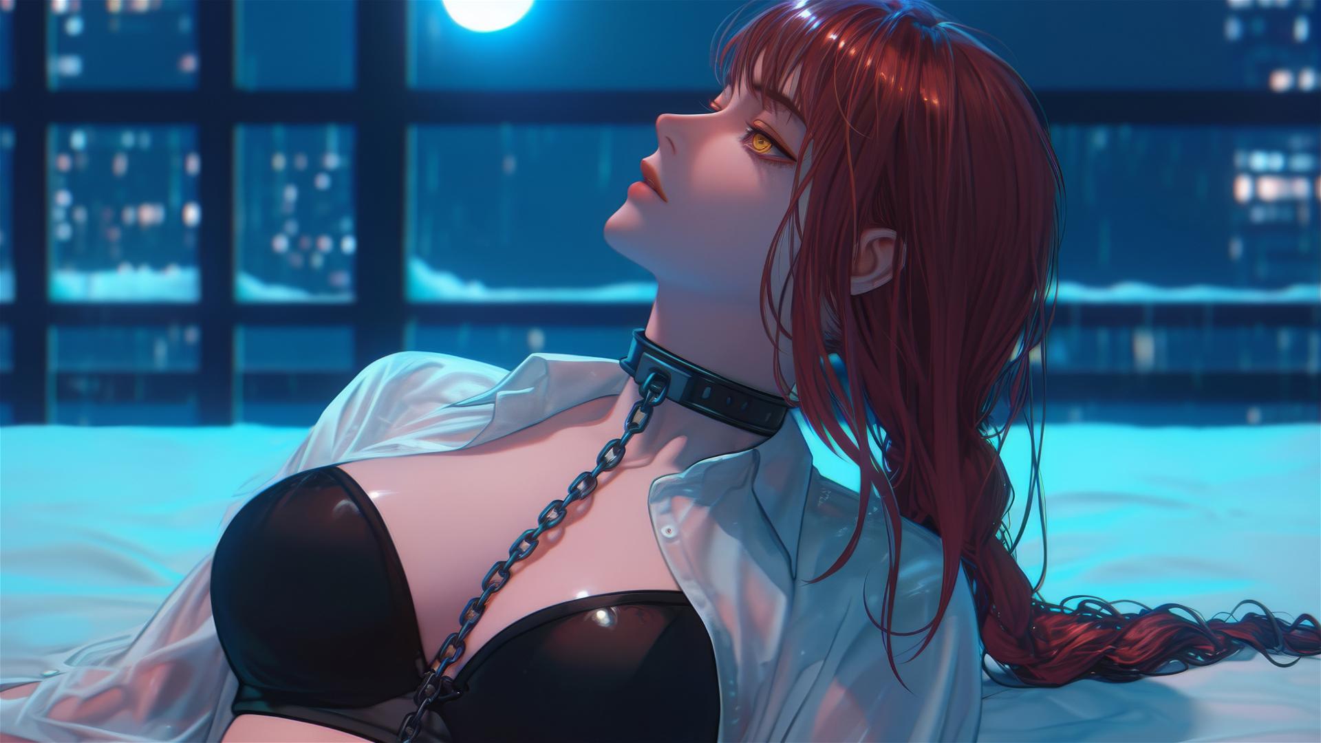 Makima resting in a hotel room, chains around her neck under moonlight