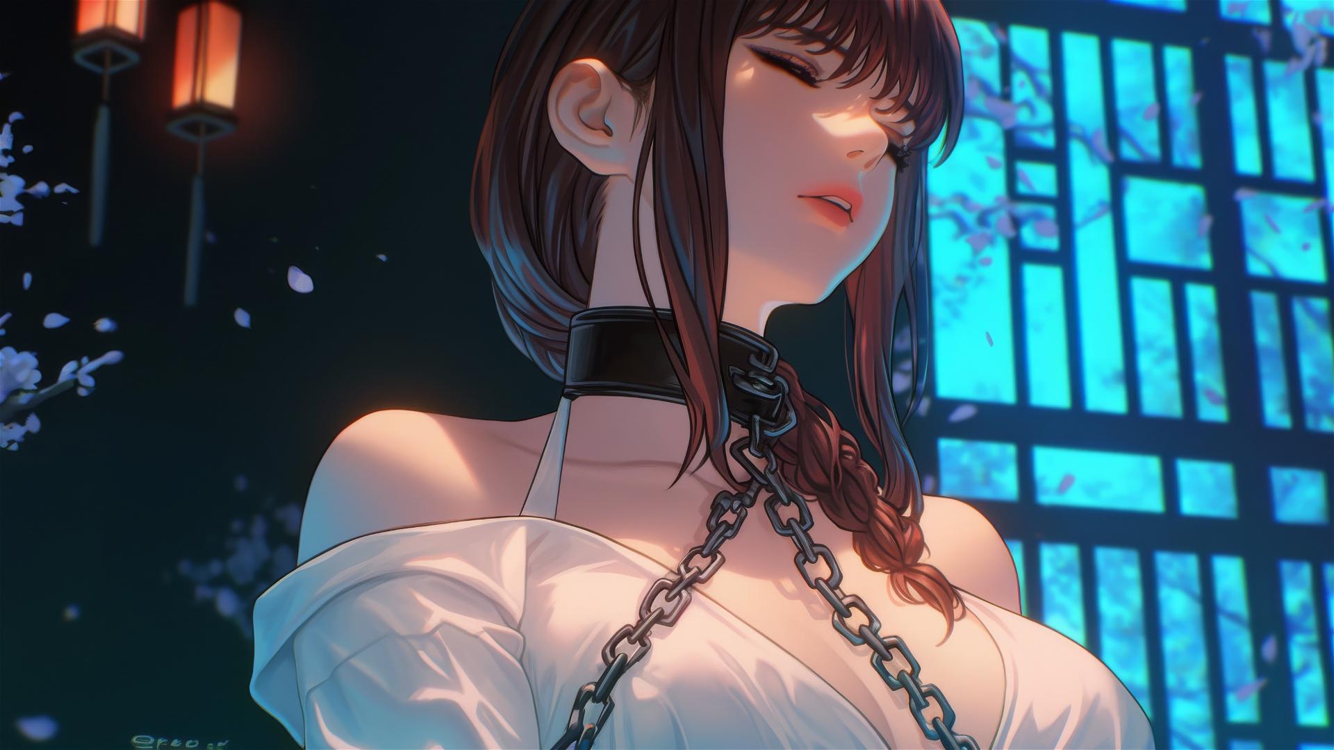 Makima from Chainsaw Man, neck locked with iron chains, resting in modern hotel room, moonlight glow.