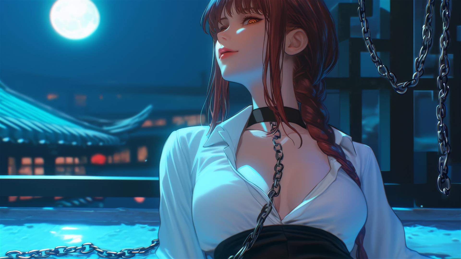 Makima from Chainsaw Man, chained, resting in a hotel room under moonlight