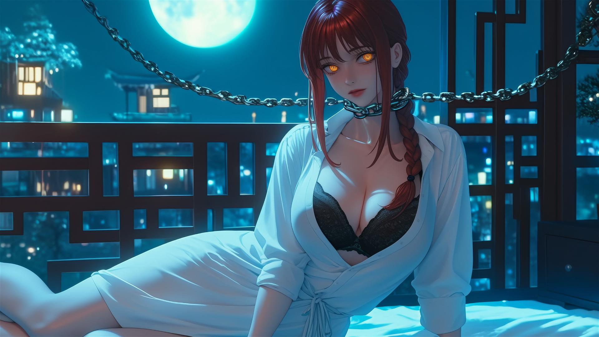 Makima from Chainsaw Man, neck locked with thick iron chains, resting in a moonlit modern hotel room.