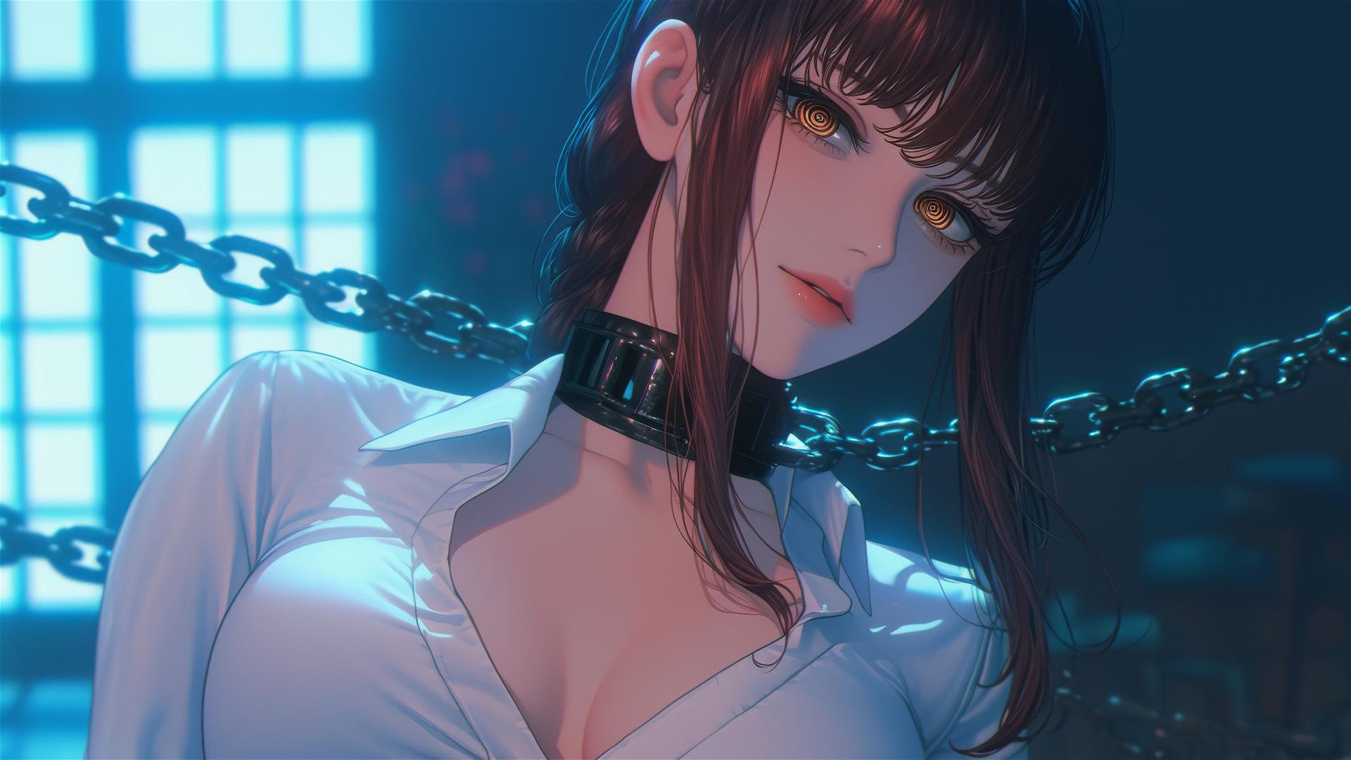 Makima from Chainsaw Man resting with chains in a modern hotel room under moonlight.