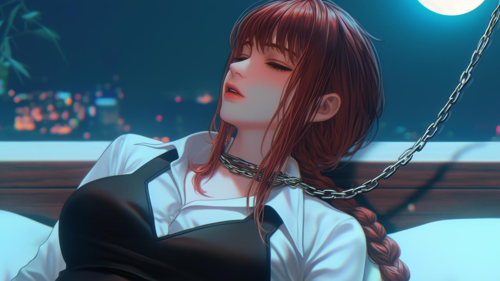 Makima from Chainsaw Man, indoors, chained in moonlit hotel room