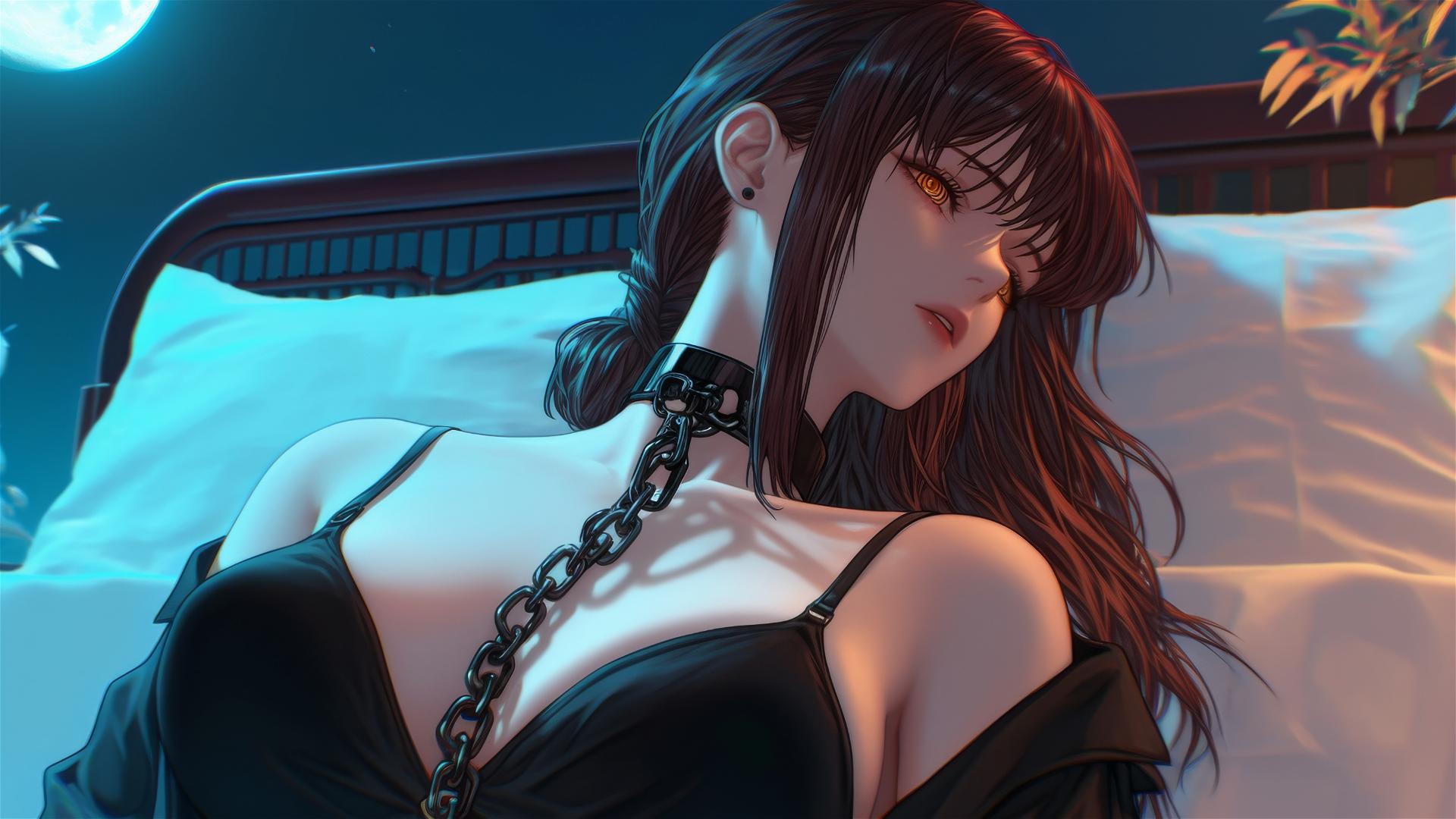 Makima from Chainsaw Man, neck locked with thick iron chains, resting in a modern hotel room with moonlight glow.