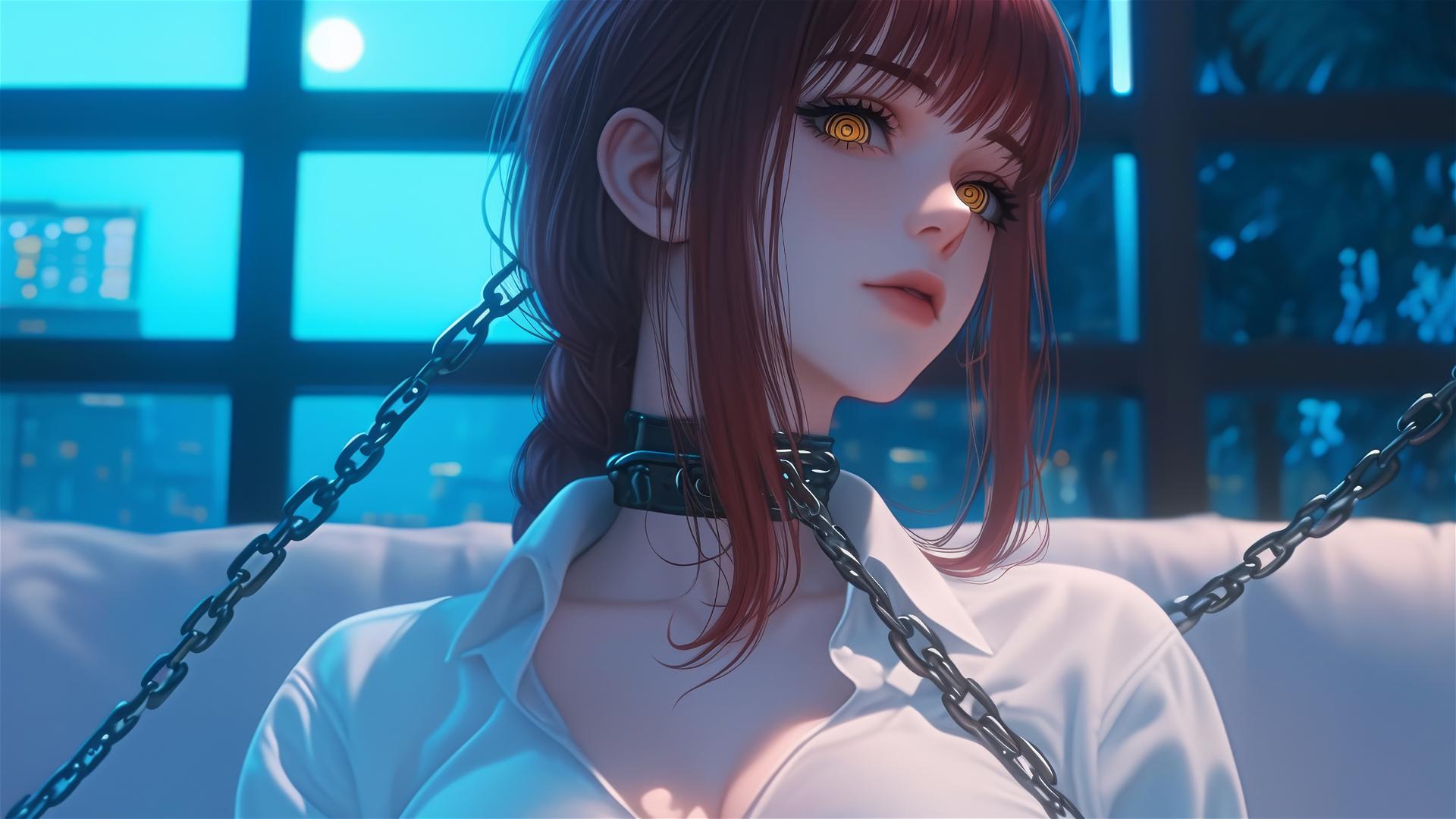 Makima from Chainsaw Man necklocked with chains, resting in a moonlit modern hotel room.