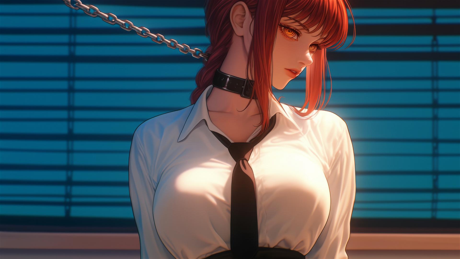 Makima from Chainsaw Man, locked with thick iron chains, in a modern office under moonlight.