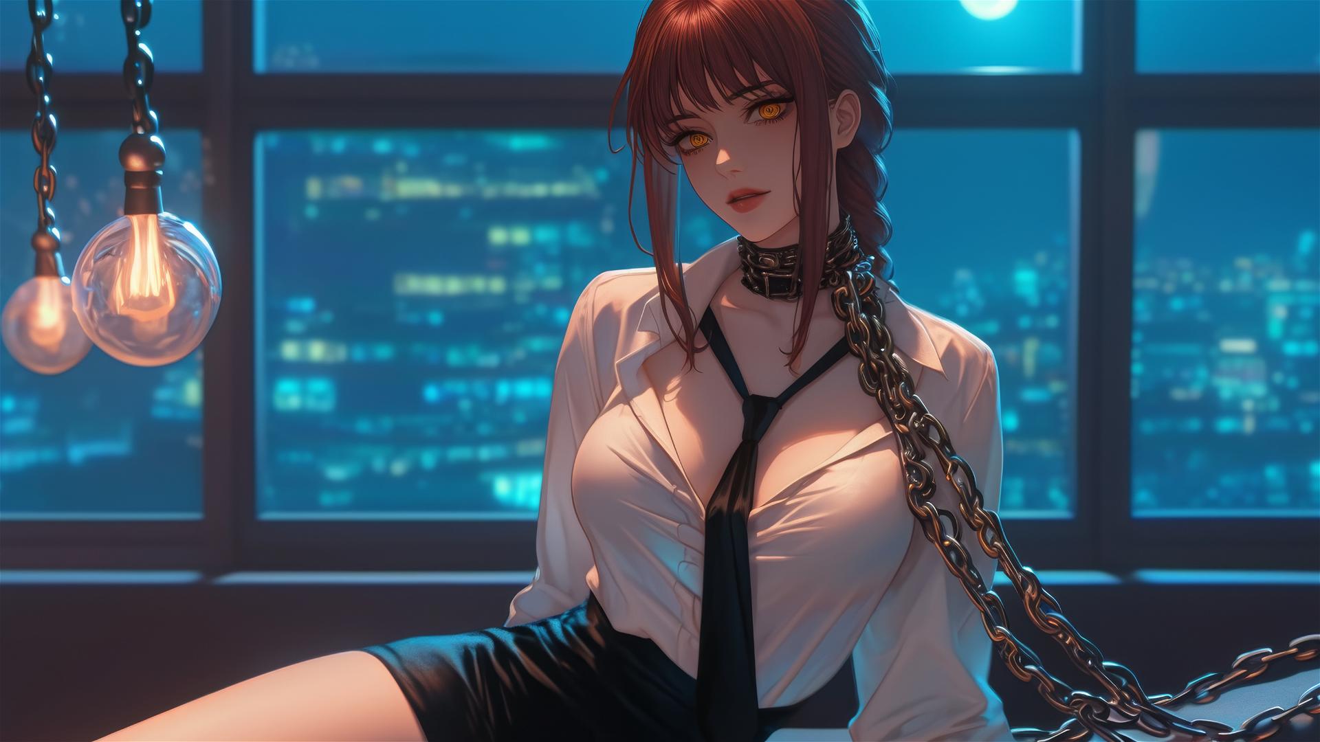 Makima from Chainsaw Man, neck locked with thick iron chains, in a modern office under moonlight.