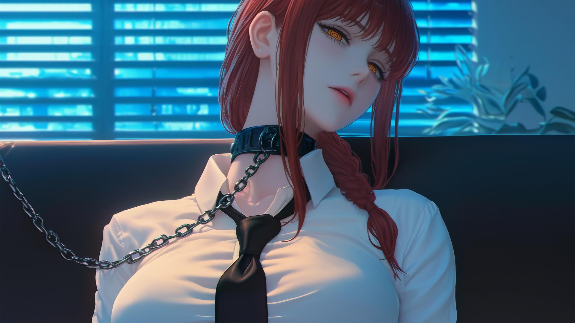 Makima locked with iron chains in moonlit office