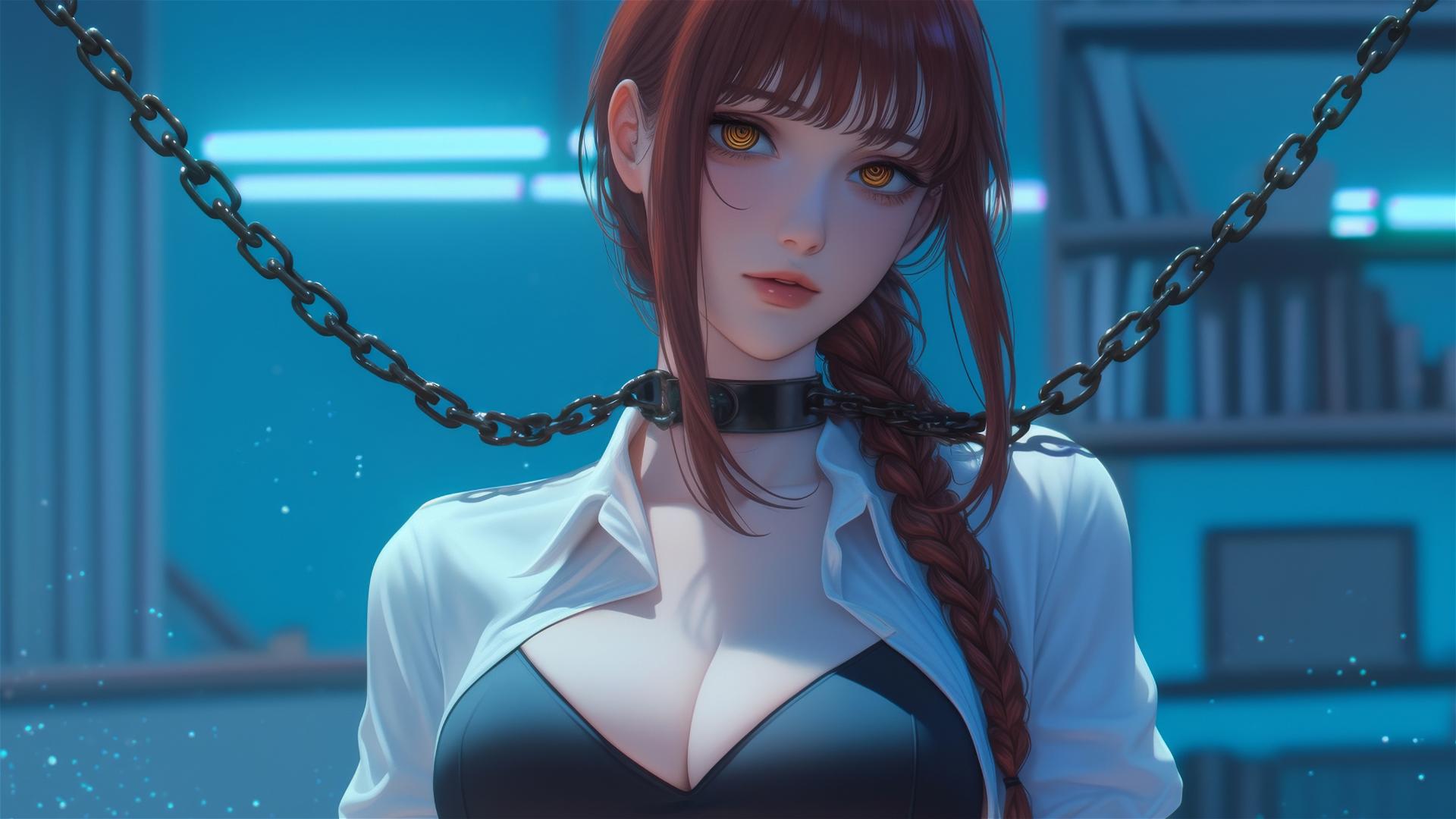 Makima from Chainsaw Man, neck locked with thick iron chains in a moonlit modern office.