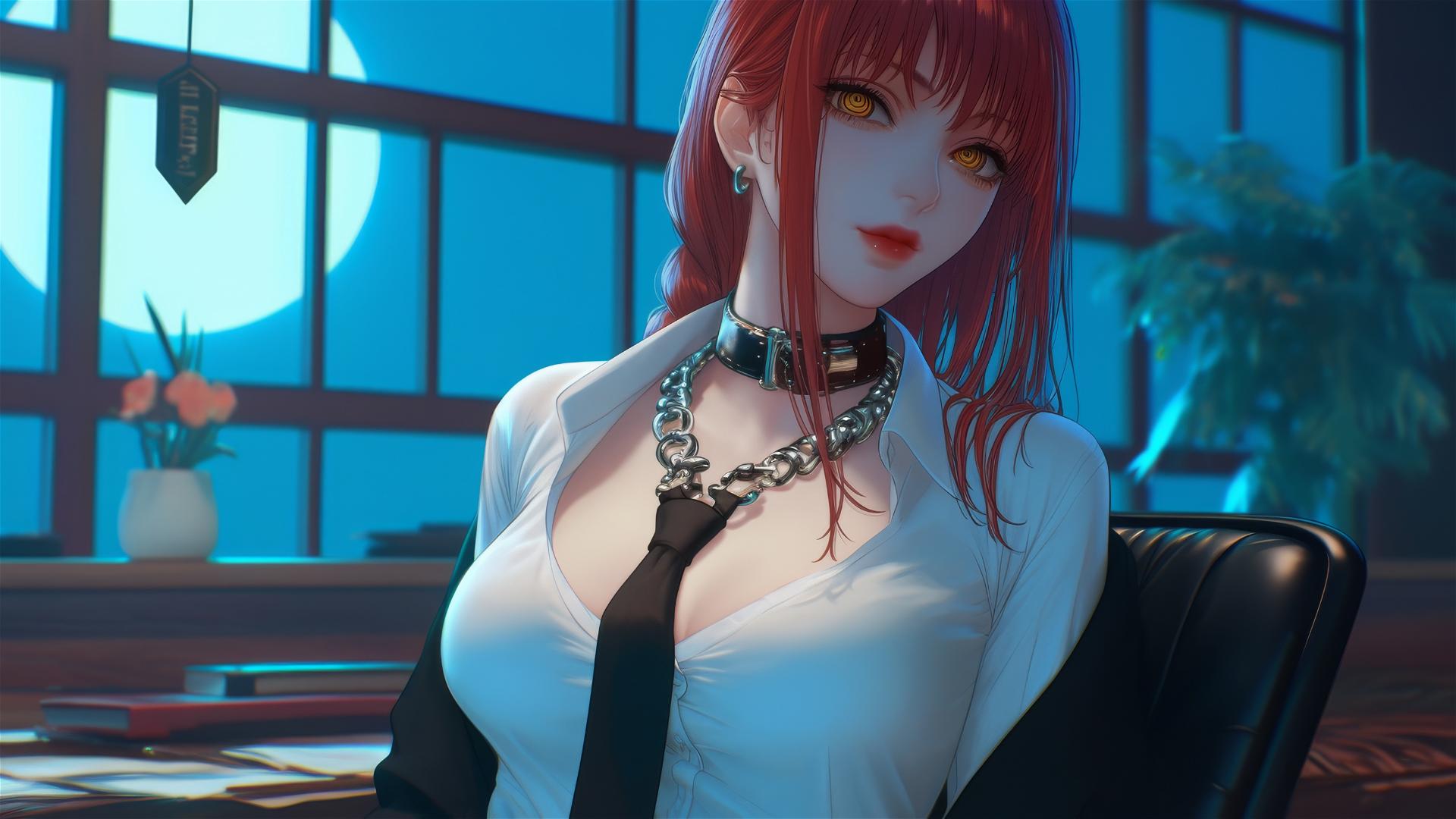 Makima from Chainsaw Man in modern office, neck locked with iron chains, bathed in moonlight.