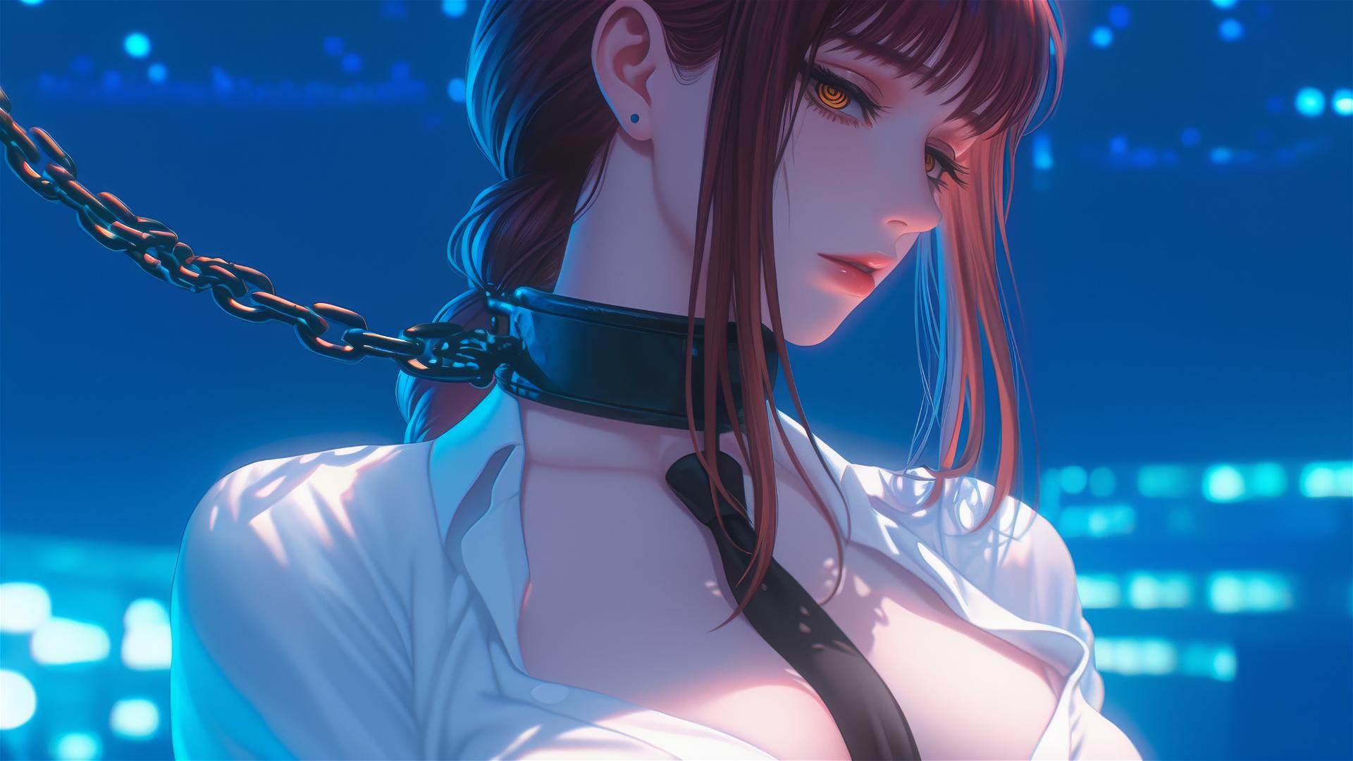 Makima from Chainsaw Man bound by iron chains in a modern office
