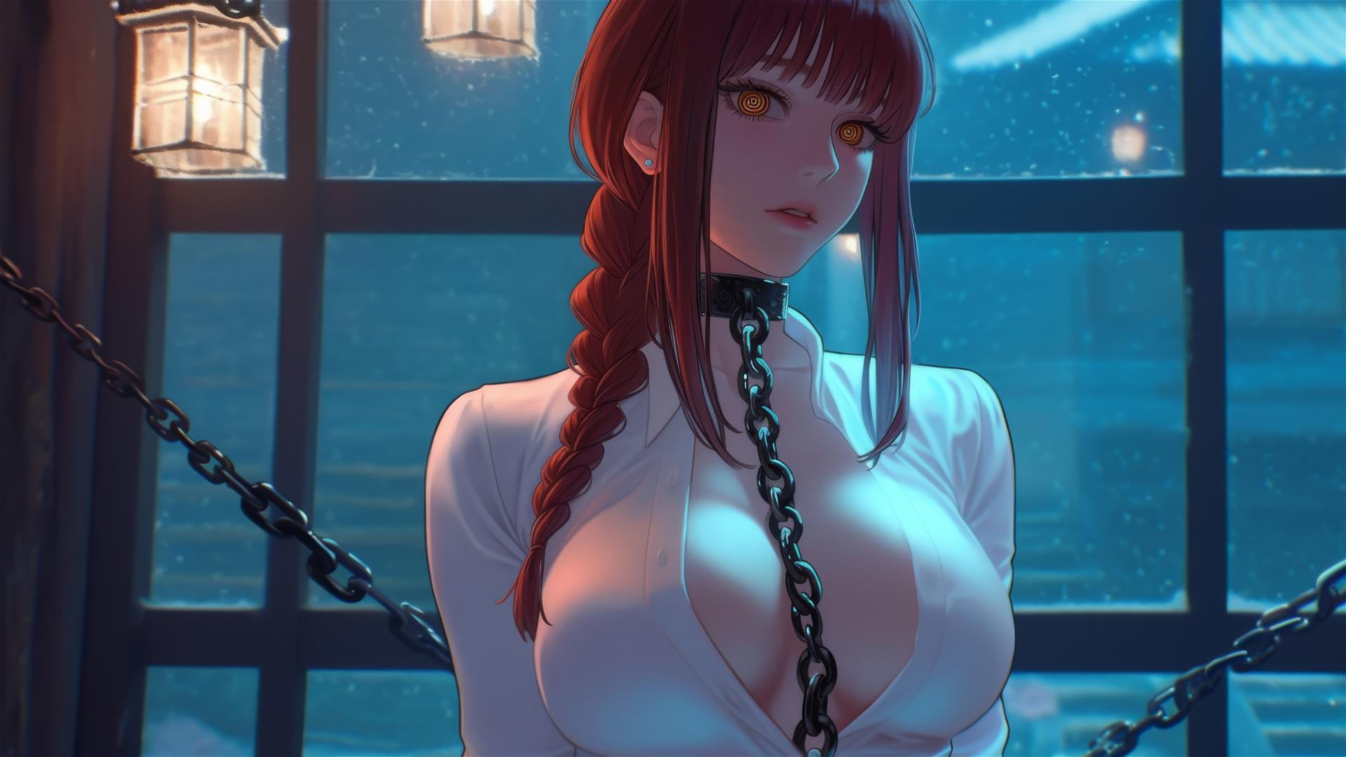 Makima from Chainsaw Man with neck locked in thick iron chains at dark stairwell with moonlight glow