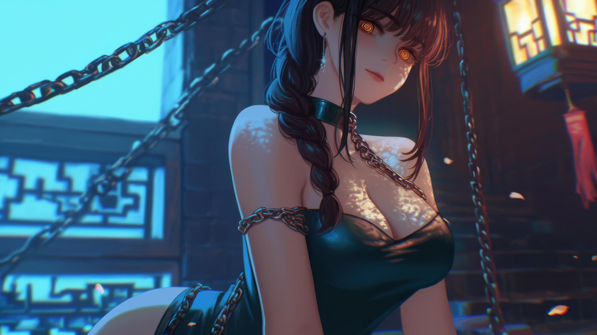 Makima from Chainsaw Man with neck locked by thick iron chains in dark stairwell