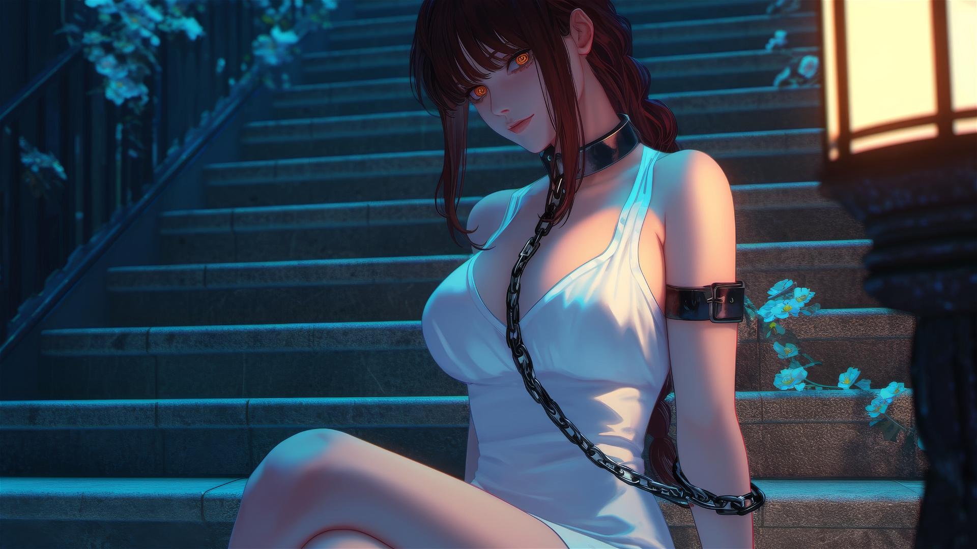 Makima from Chainsaw Man, neck locked with thick iron chains in a dark stairwell with dim lighting.