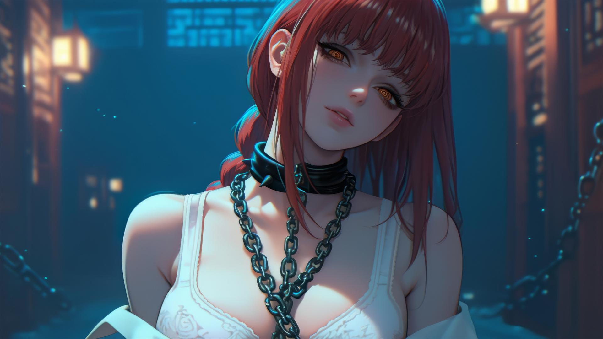 Makima from Chainsaw Man, neck locked with thick iron chains in a dimly lit basement
