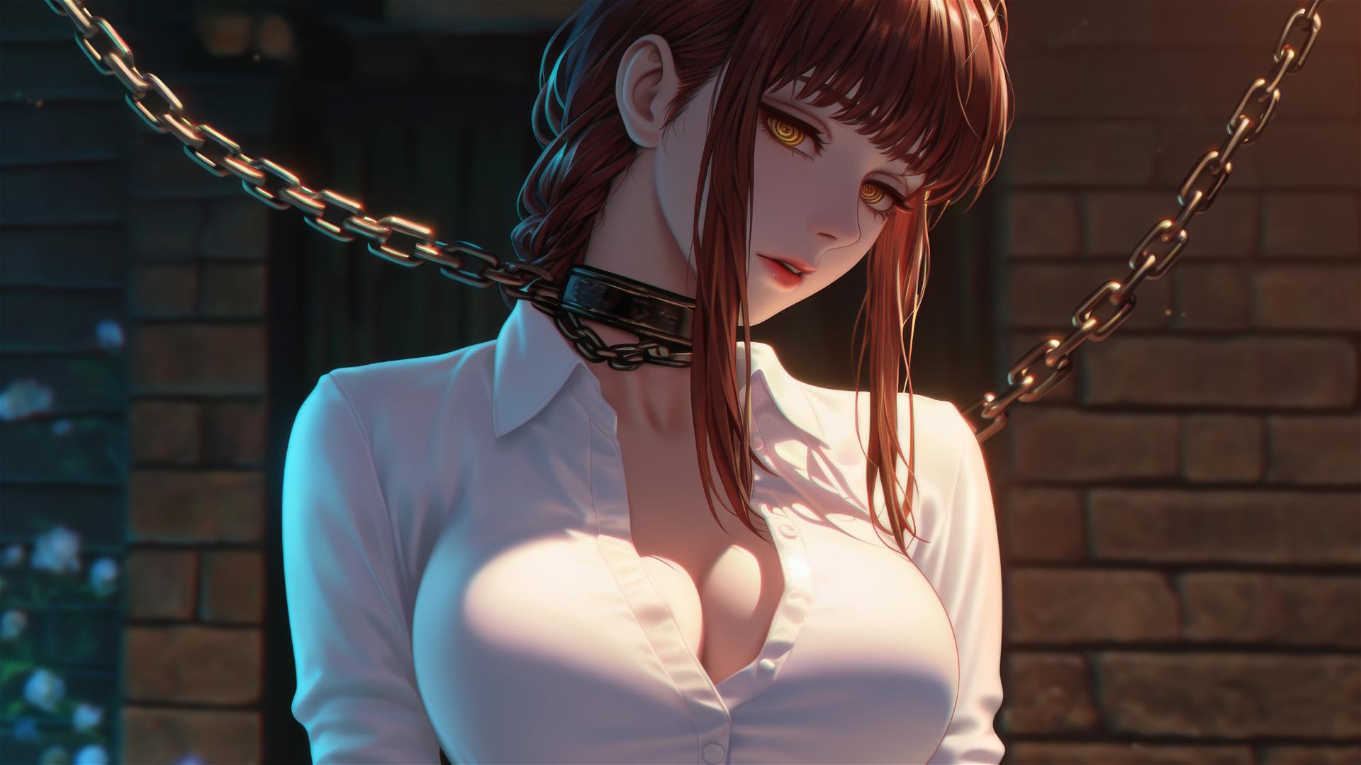 Makima from Chainsaw Man, chained in a dark basement with dim light.