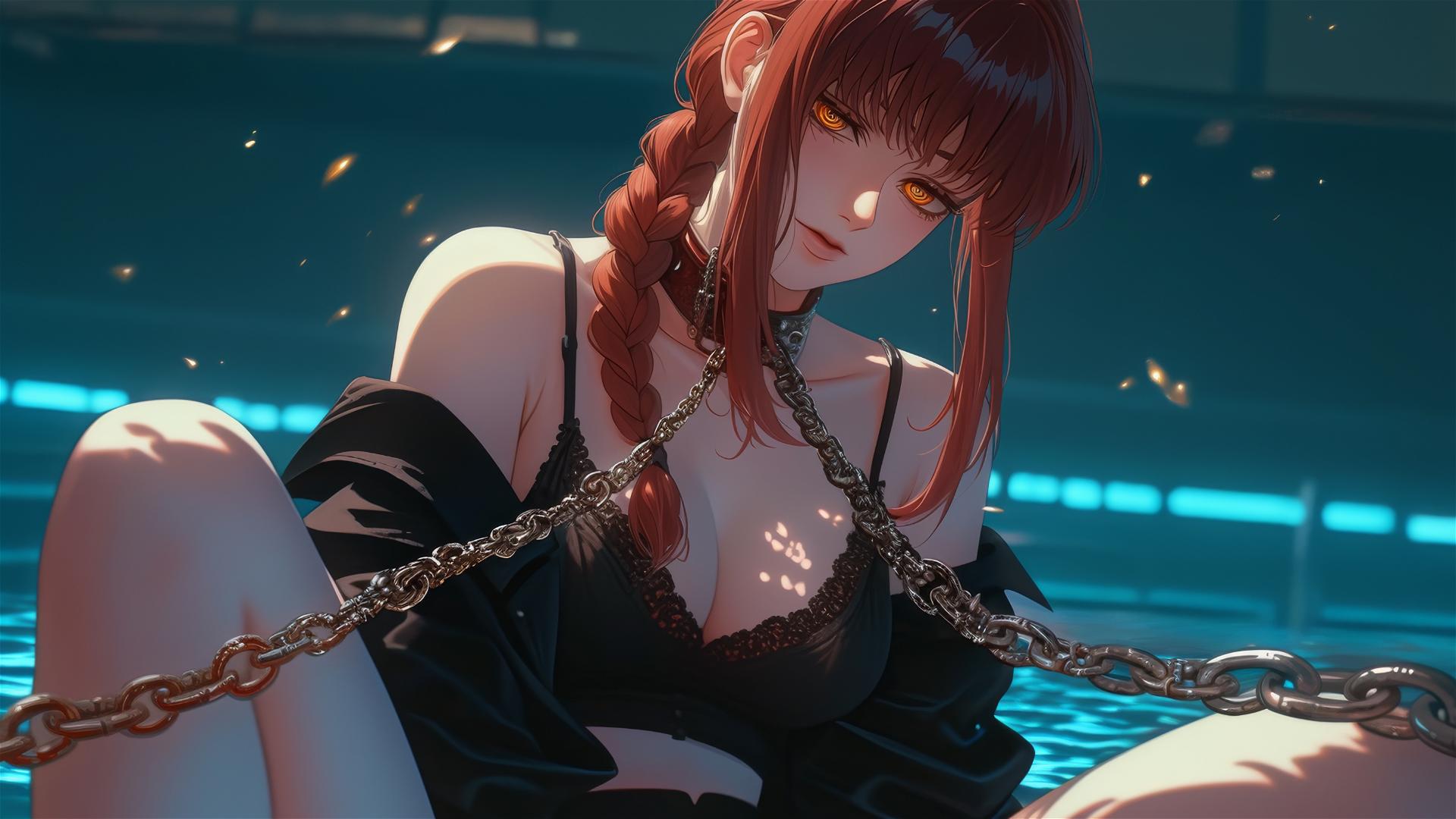 Makima from Chainsaw Man, neck locked with thick iron chains in a dimly lit basement.