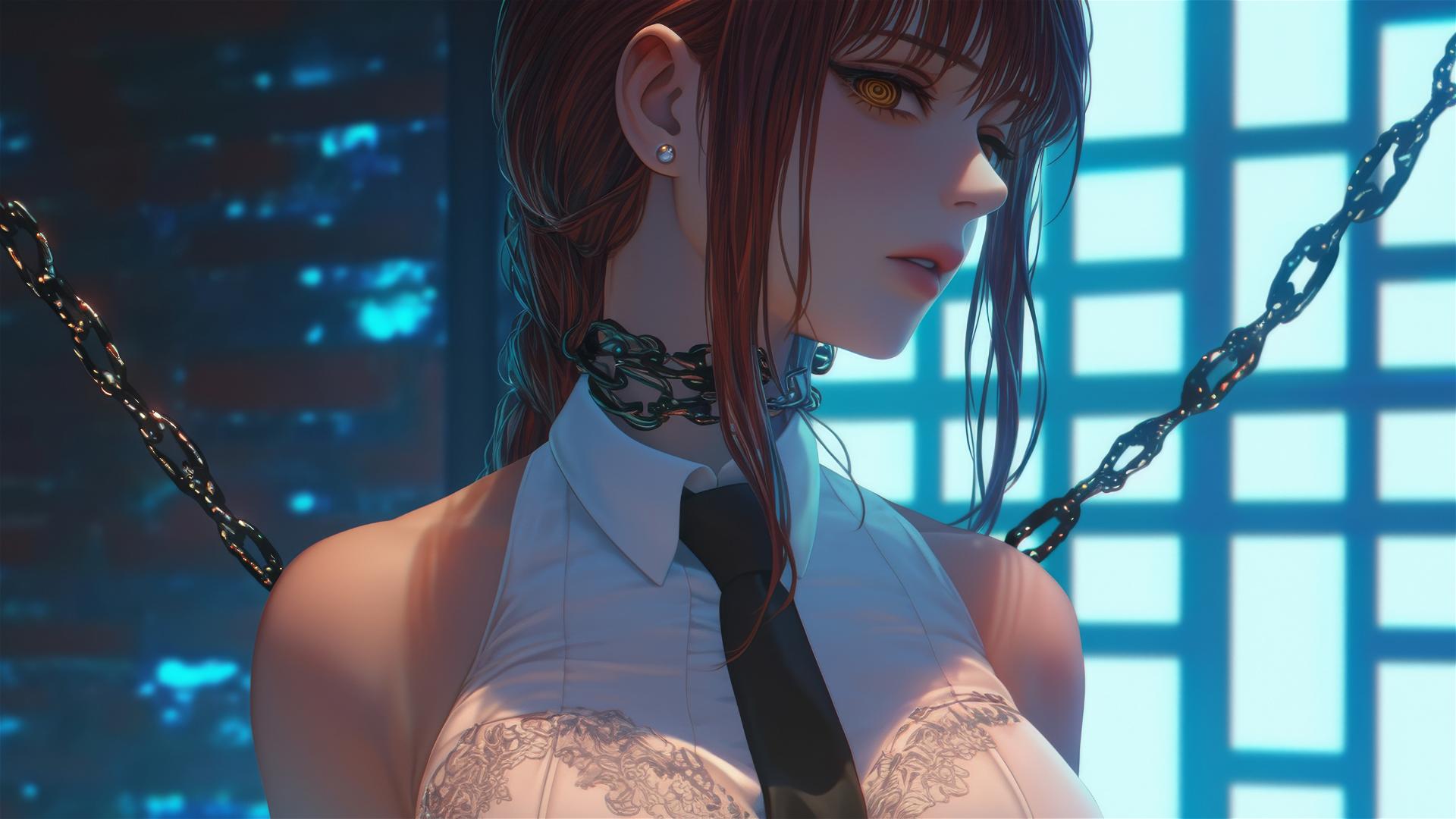 Makima from Chainsaw Man locked with iron chains in a dim basement