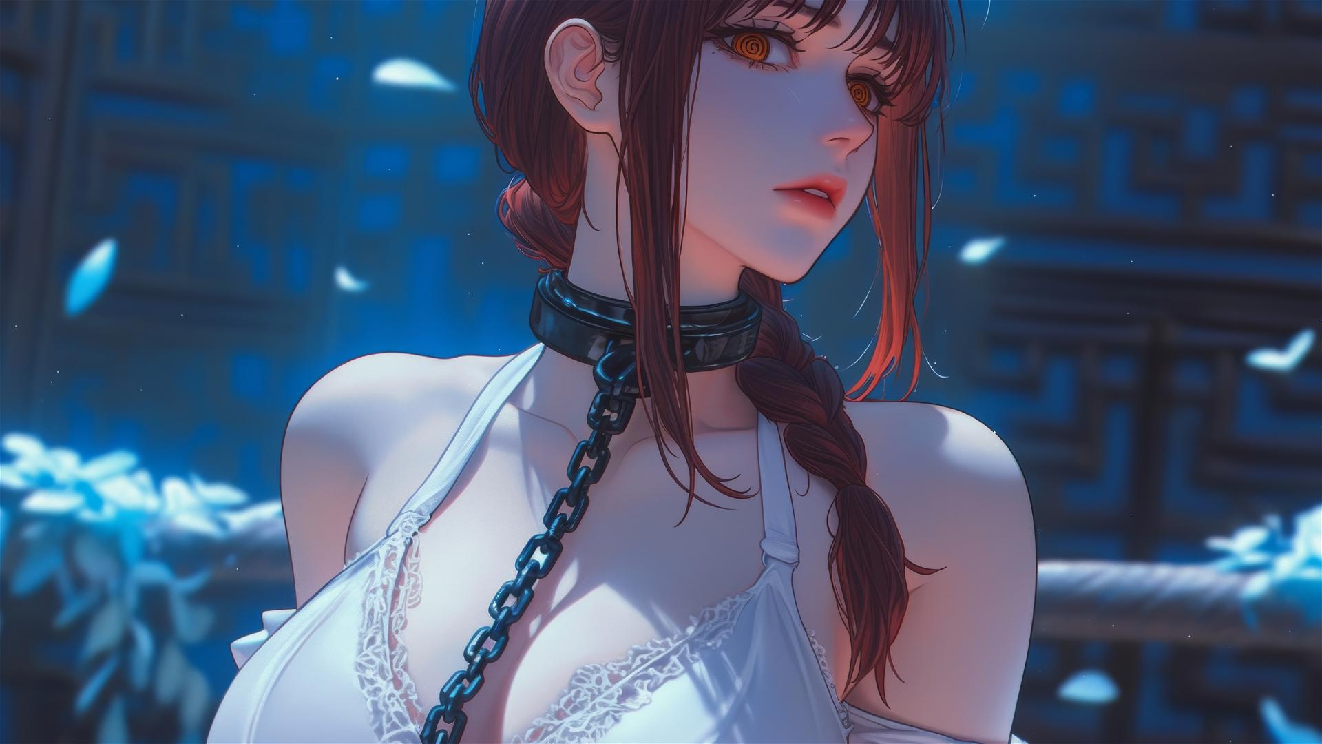 Makima from Chainsaw Man locked with thick iron chains in a dimly lit basement