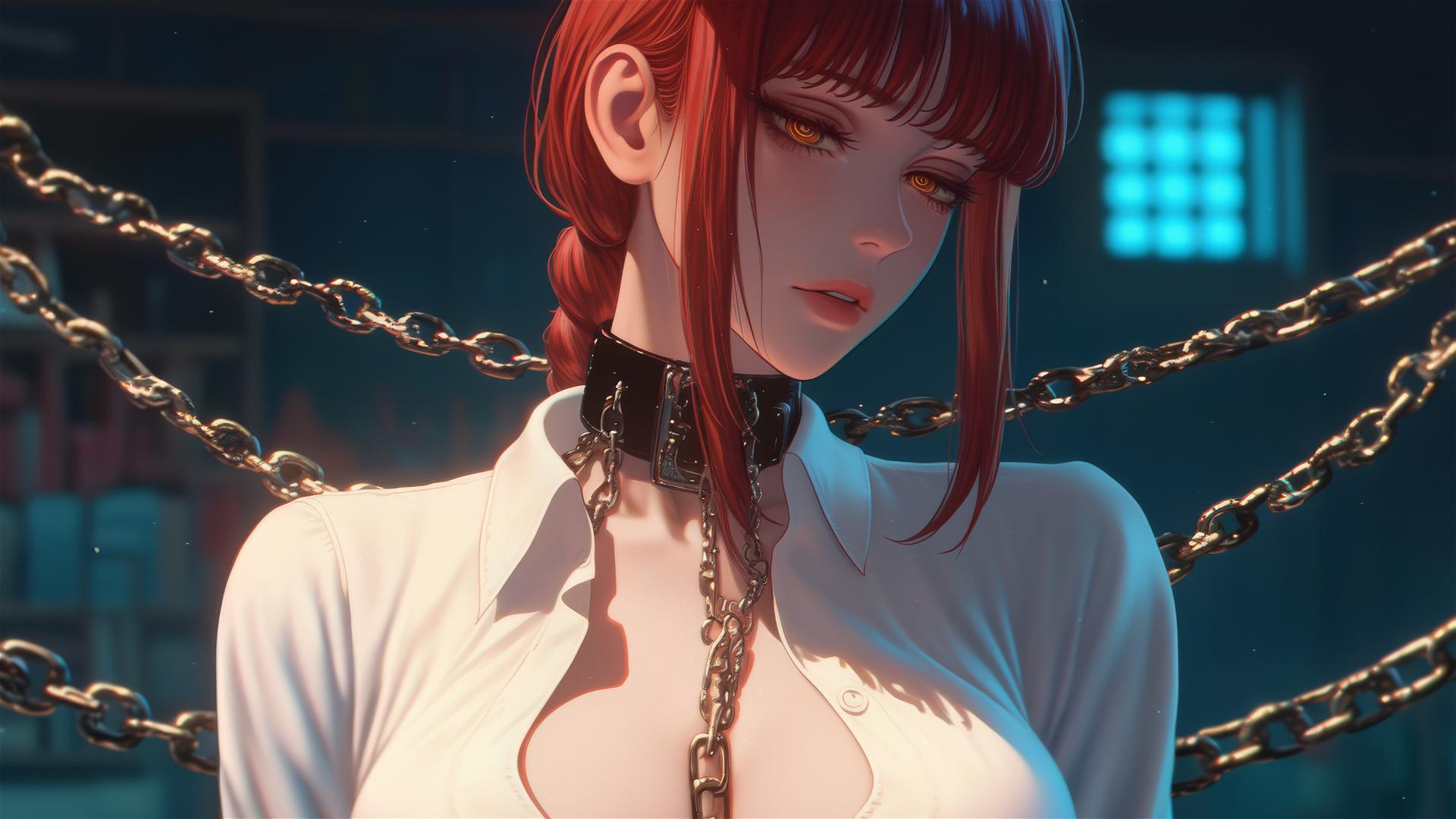 Makima from Chainsaw Man locked in chains in a dim basement