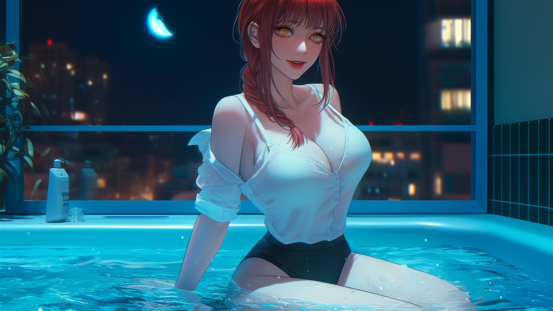 Makima from Chainsaw Man jumps out of a tub under moonlight
