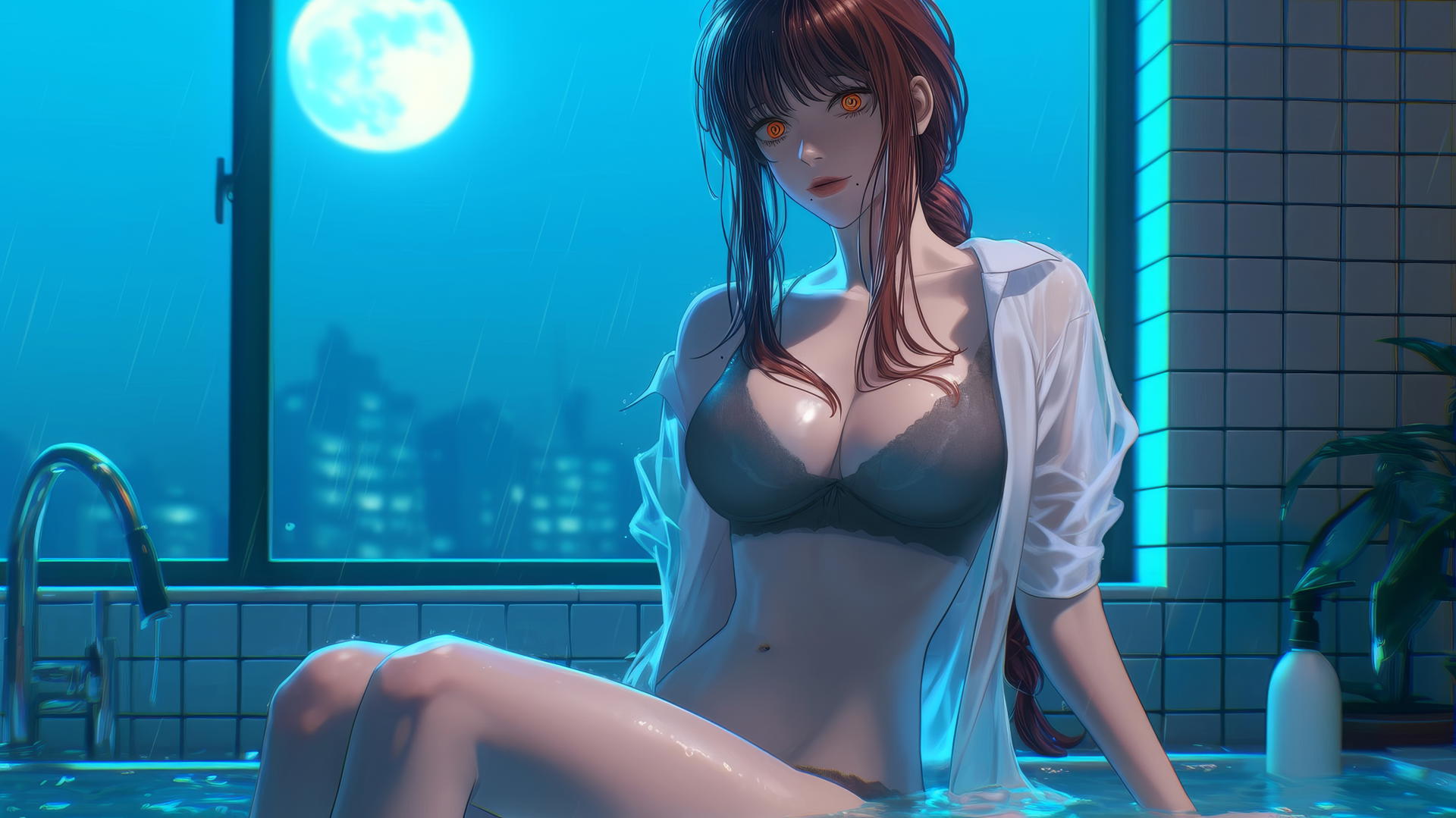 Makima from Chainsaw Man jumping out of a tub with moonlight casting a soft glow.
