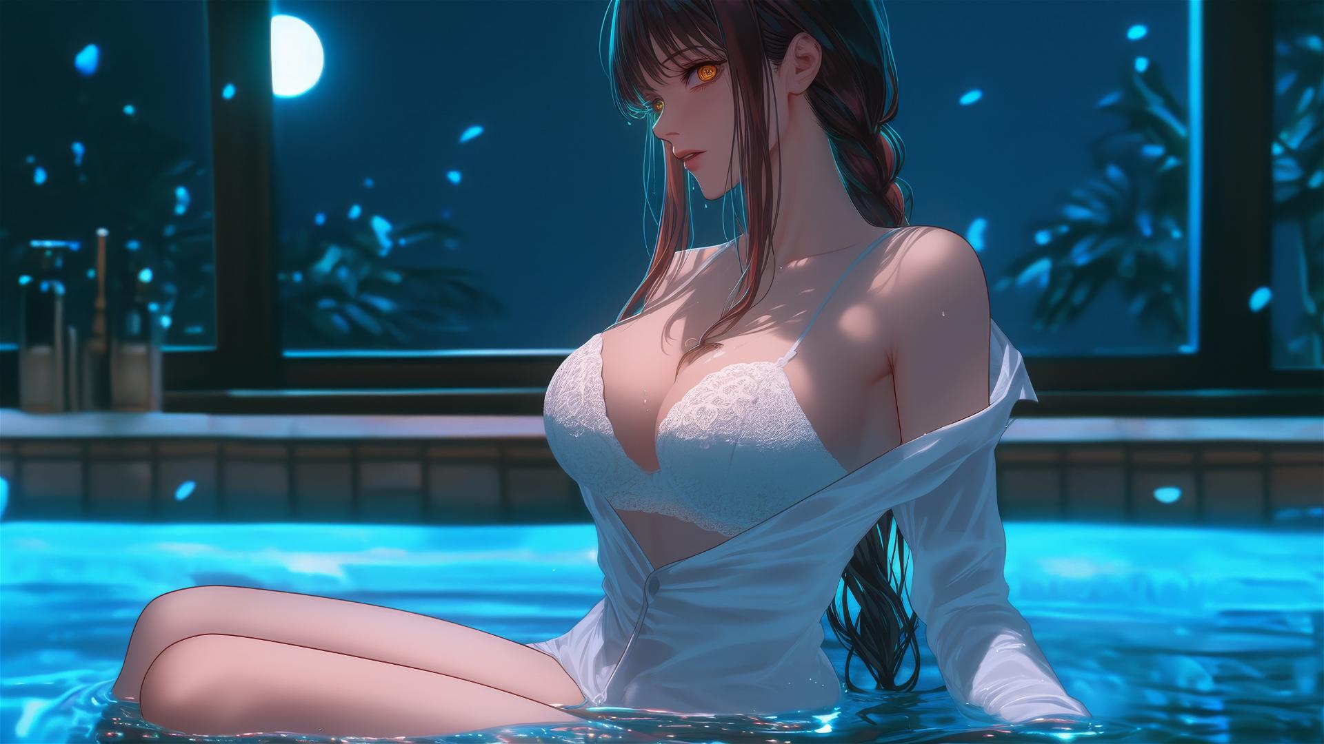 Makima from Chainsaw Man jumping out of a tub with moonlight glow