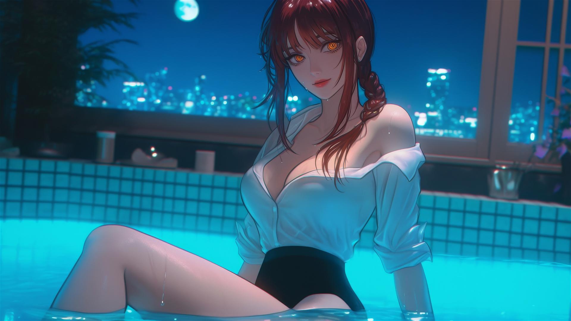 Makima from Chainsaw Man jumping out of a tub in her apartment under the moonlight.