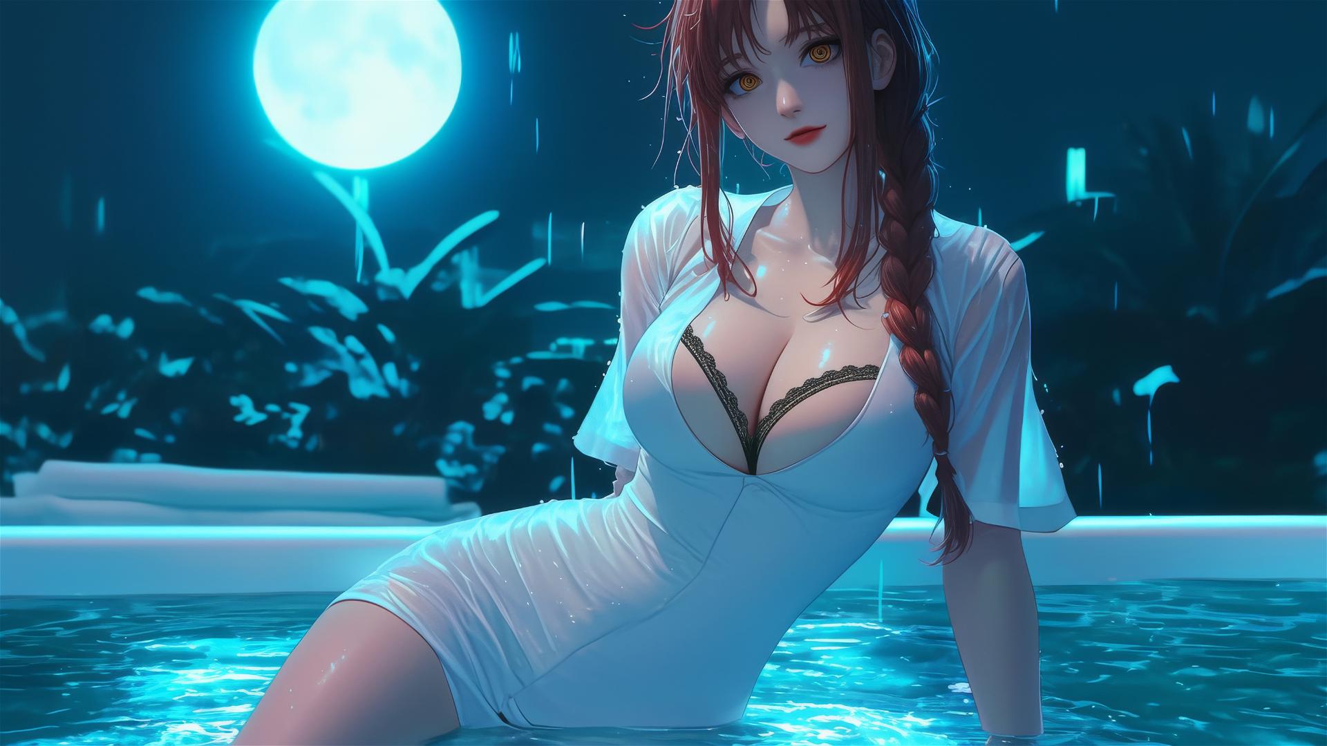 Makima from Chainsaw Man jumping out of a tub in her apartment under moonlight.