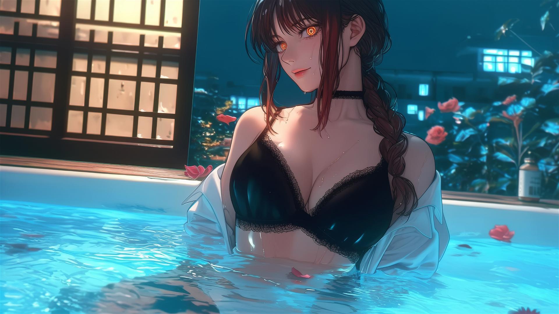 Makima from Chainsaw Man in a bathtub with moonlight glow