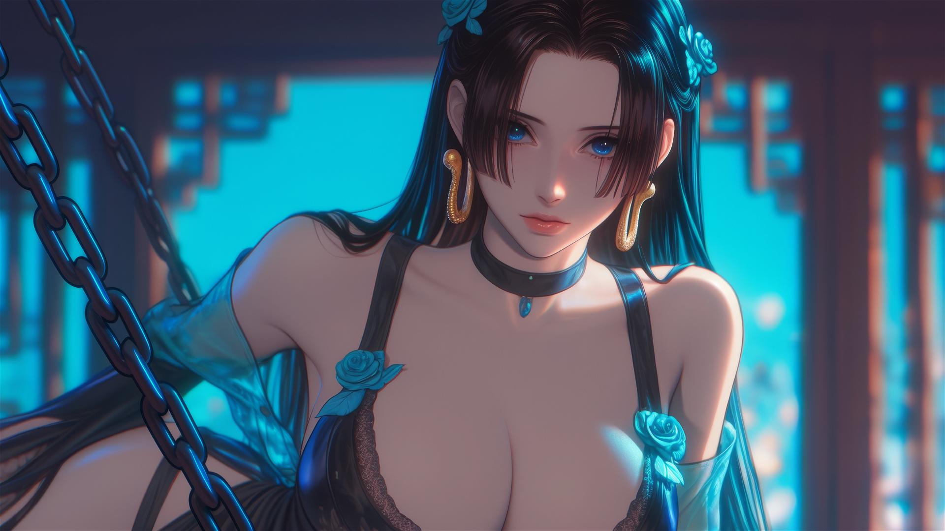 Boa Hancock from One Piece, bound with thick iron chains in a modern hotel room with neon lighting.