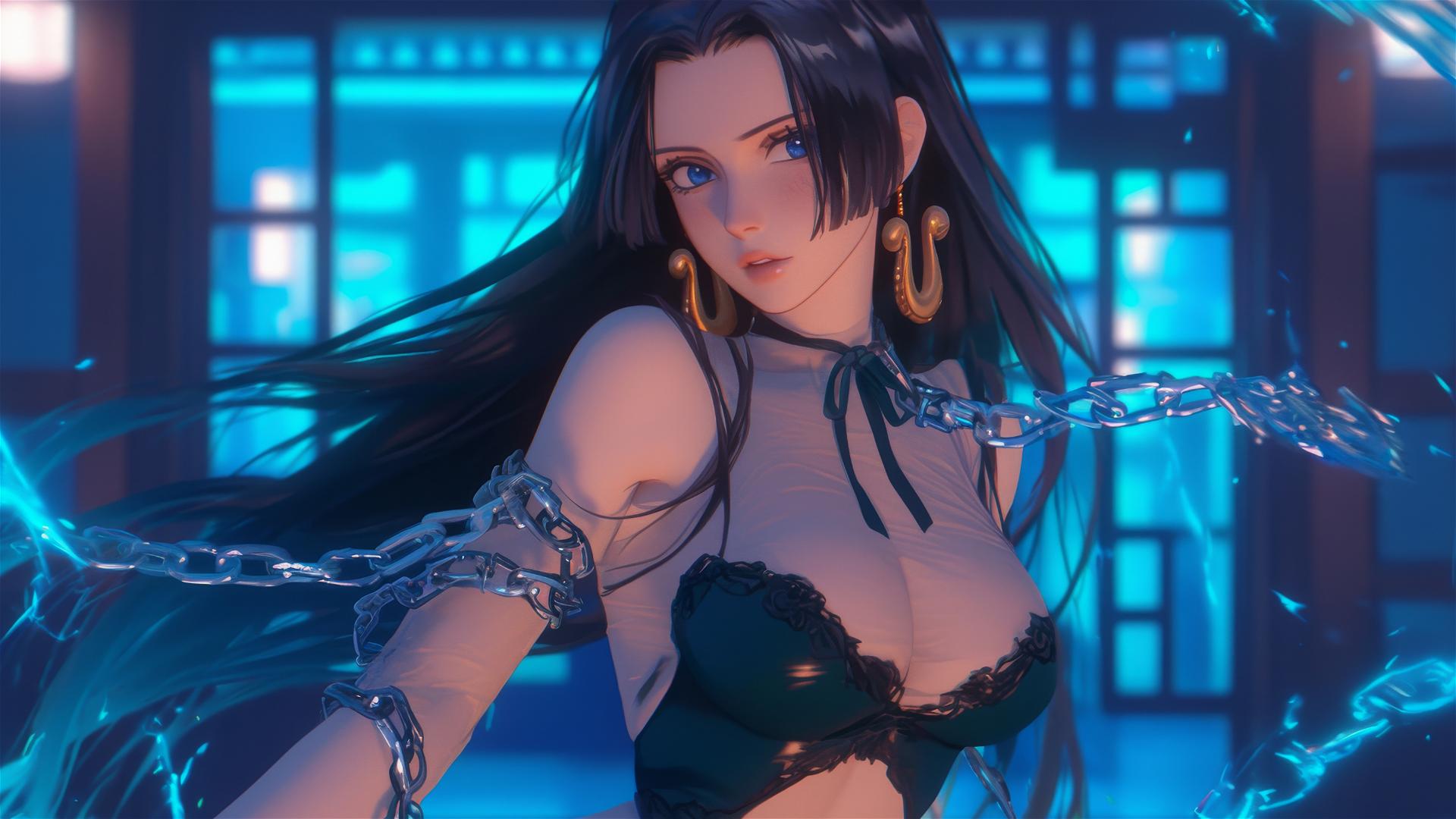 Boa Hancock from One Piece locked in iron chains in a modern hotel room with neon light