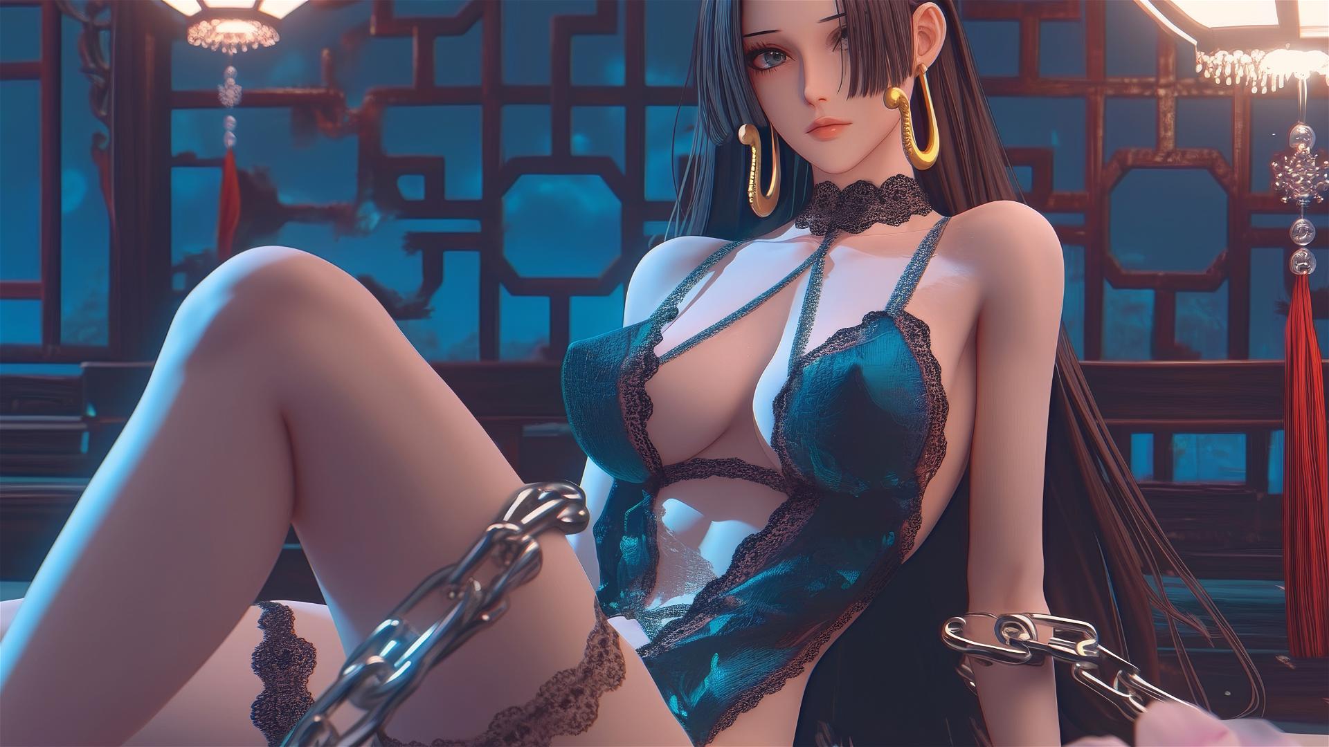 Boa Hancock chained in a hotel room with neon glow