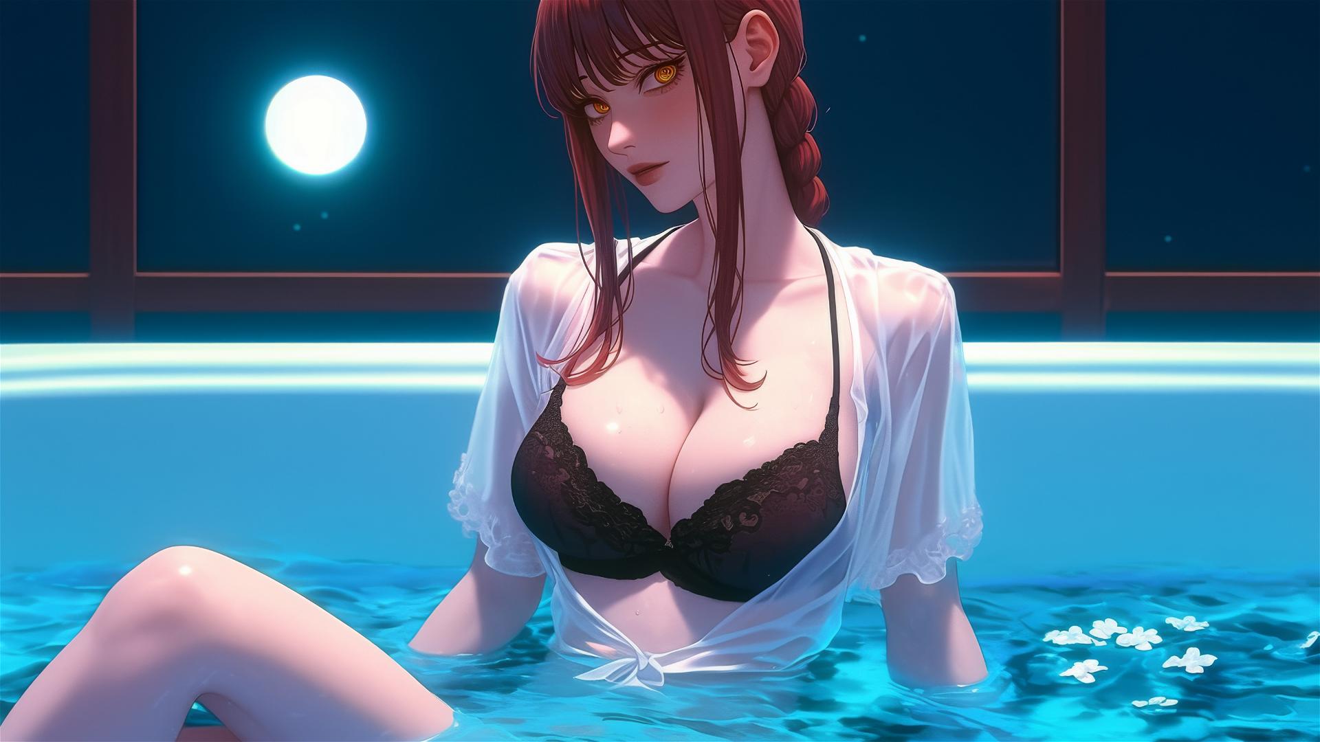 Makima from Chainsaw Man in a tub, bathed in moonlight with an ambiguous posture
