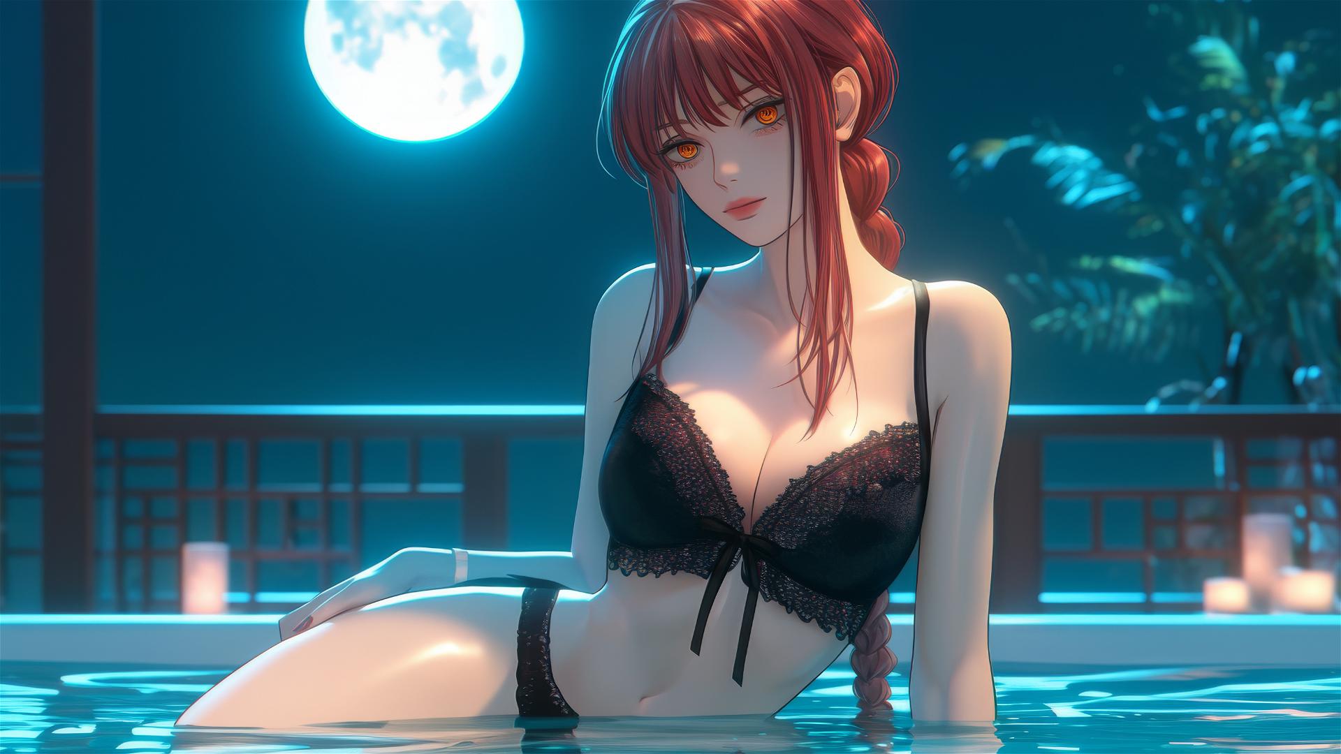 Makima from Chainsaw Man in a tub with soft moonlight glow