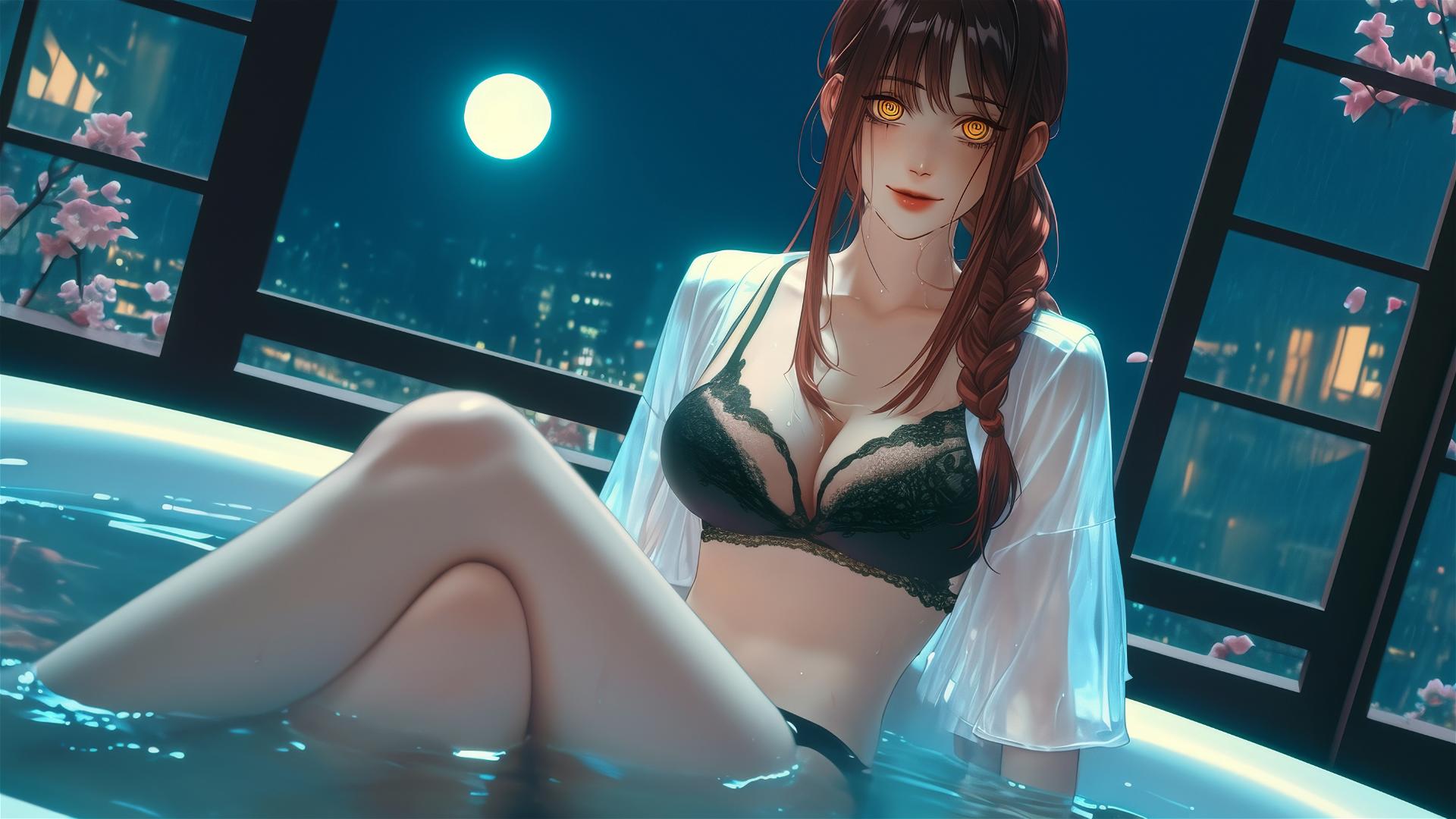 Makima from Chainsaw Man in a bathtub under moonlight