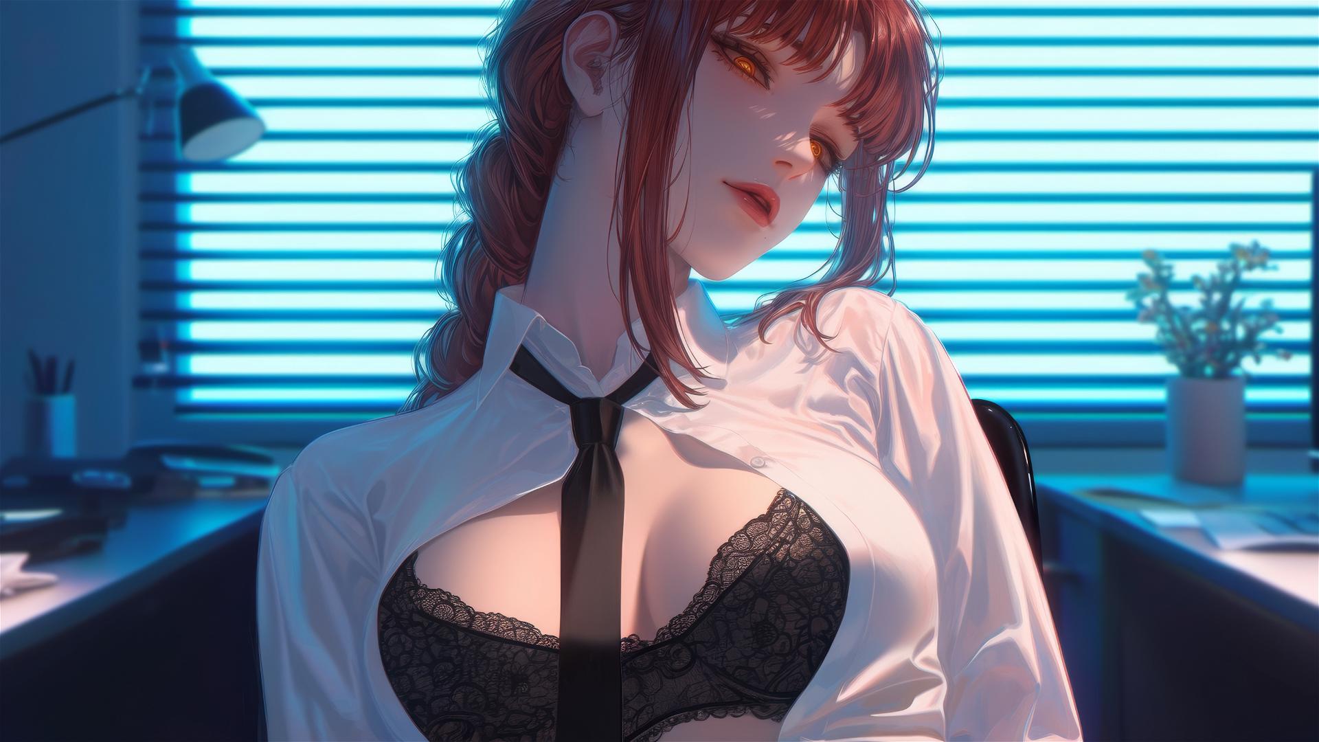 Makima from Chainsaw Man in a modern office with moonlight glow