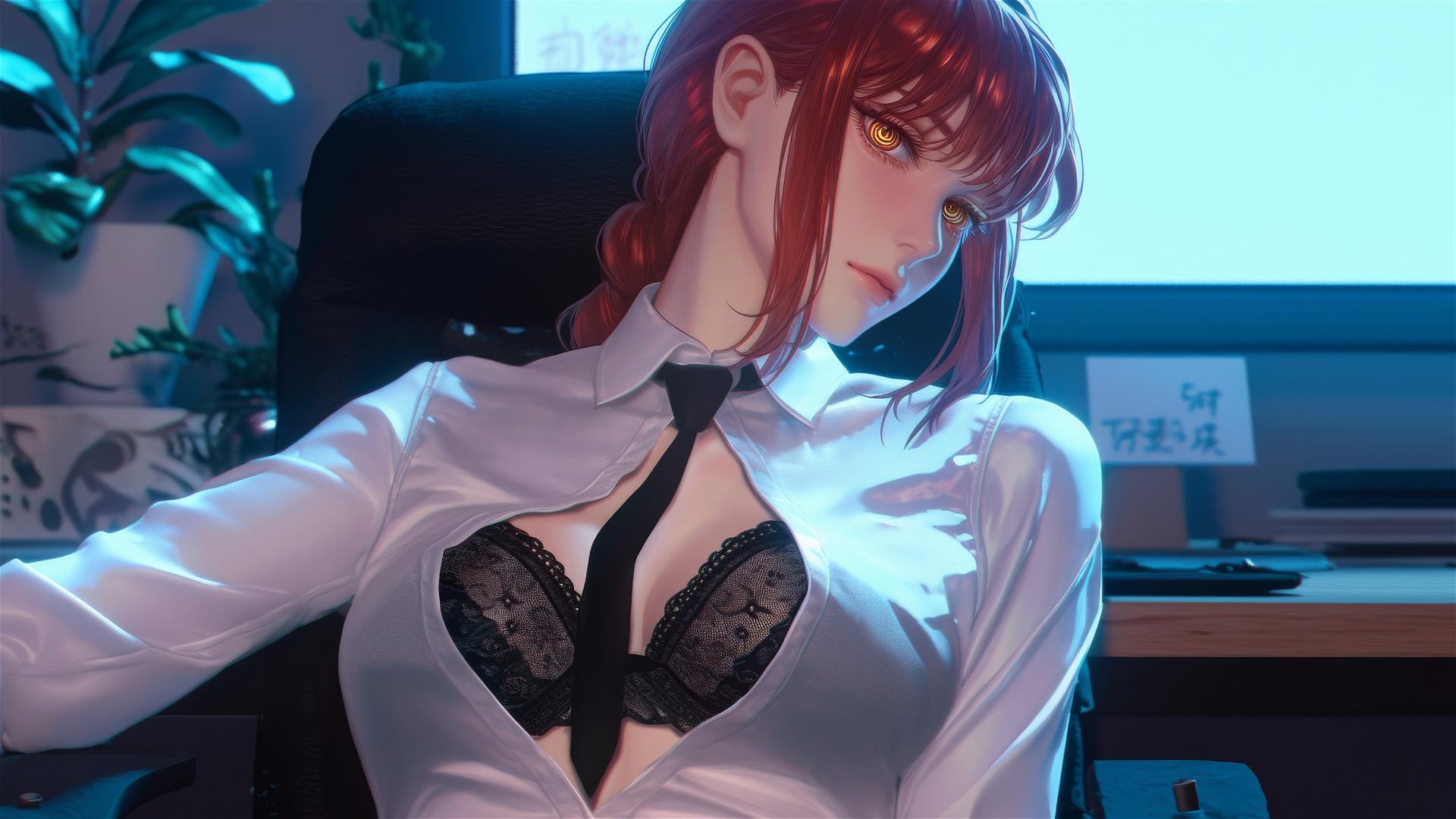 Makima from Chainsaw Man in a modern office, moonlit with red hair
