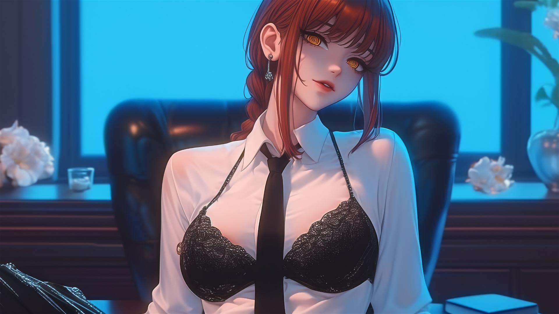 Makima from Chainsaw Man in a modern office with red hair, illuminated by moonlight.