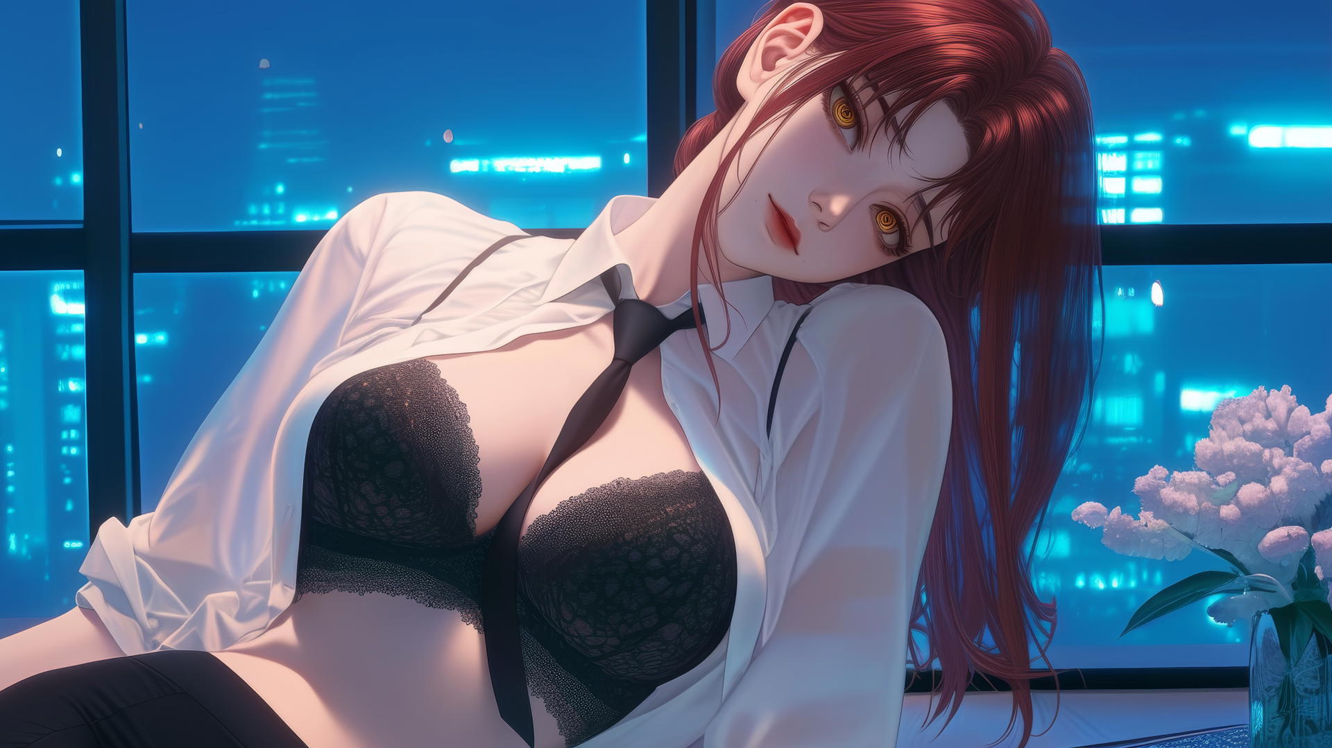 Makima from Chainsaw Man resting in a modern office, illuminated by moonlight.