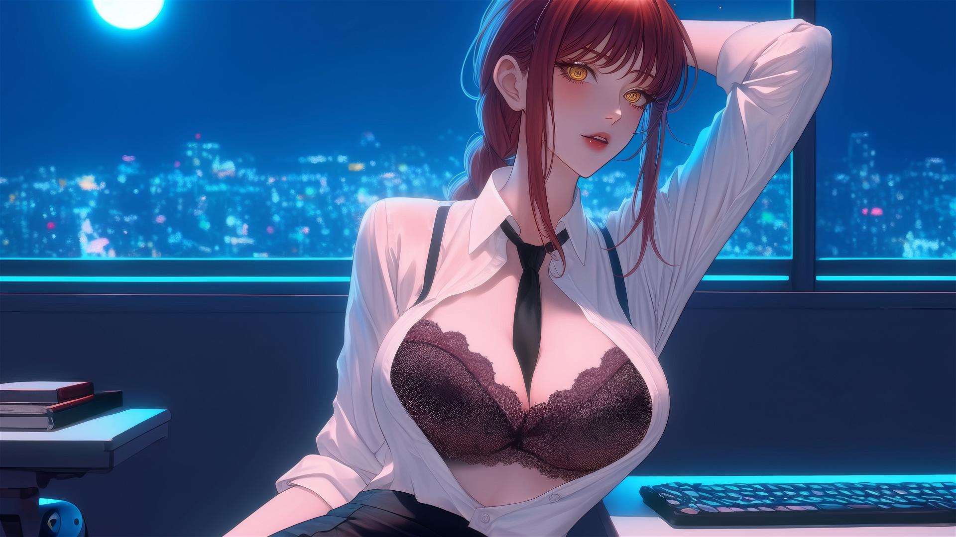 Makima from Chainsaw Man resting in a modern office, moonlit
