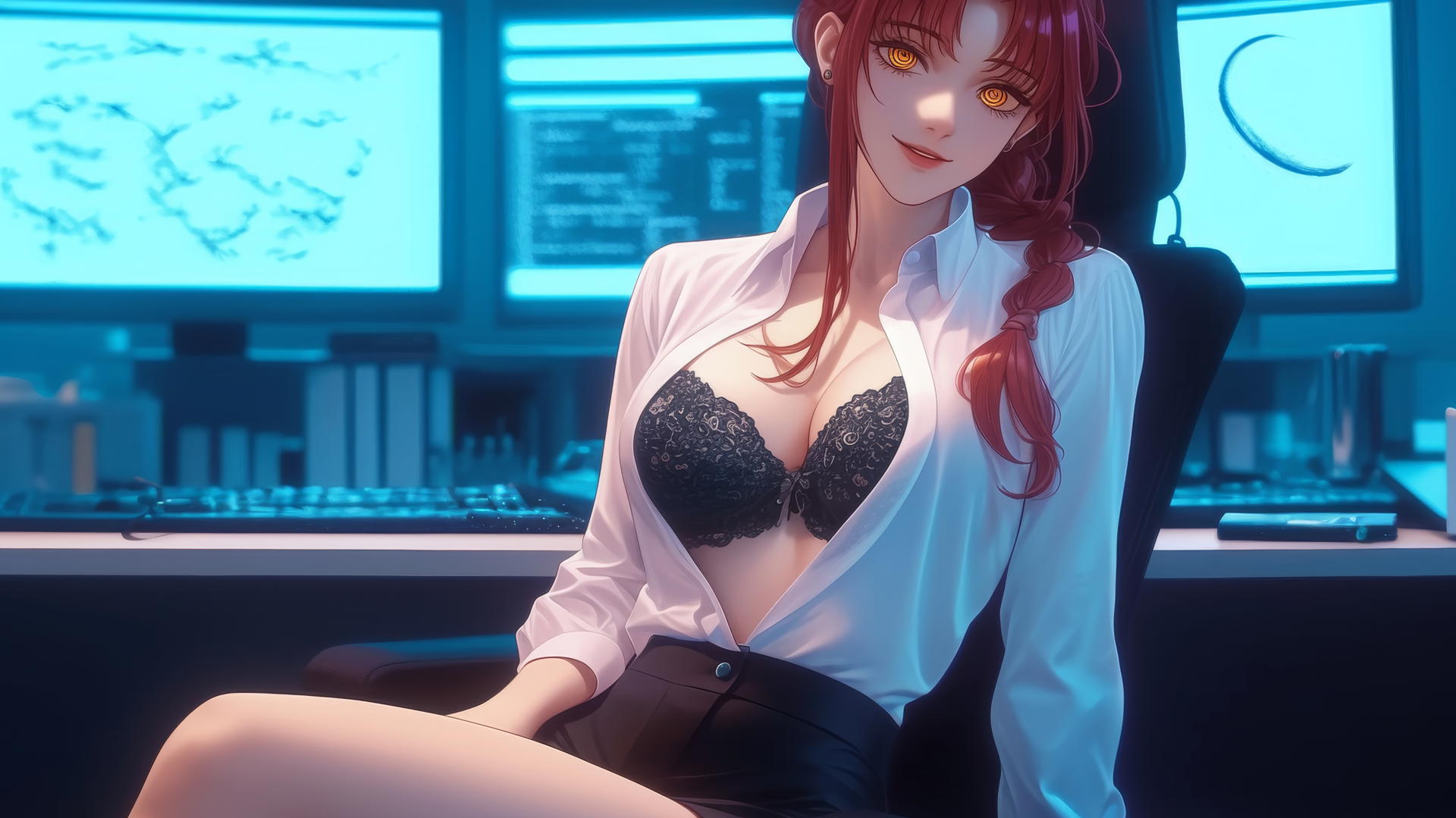 Makima from Chainsaw Man in a modern office with reddish hair, bathed in moonlight, serene and stunning.