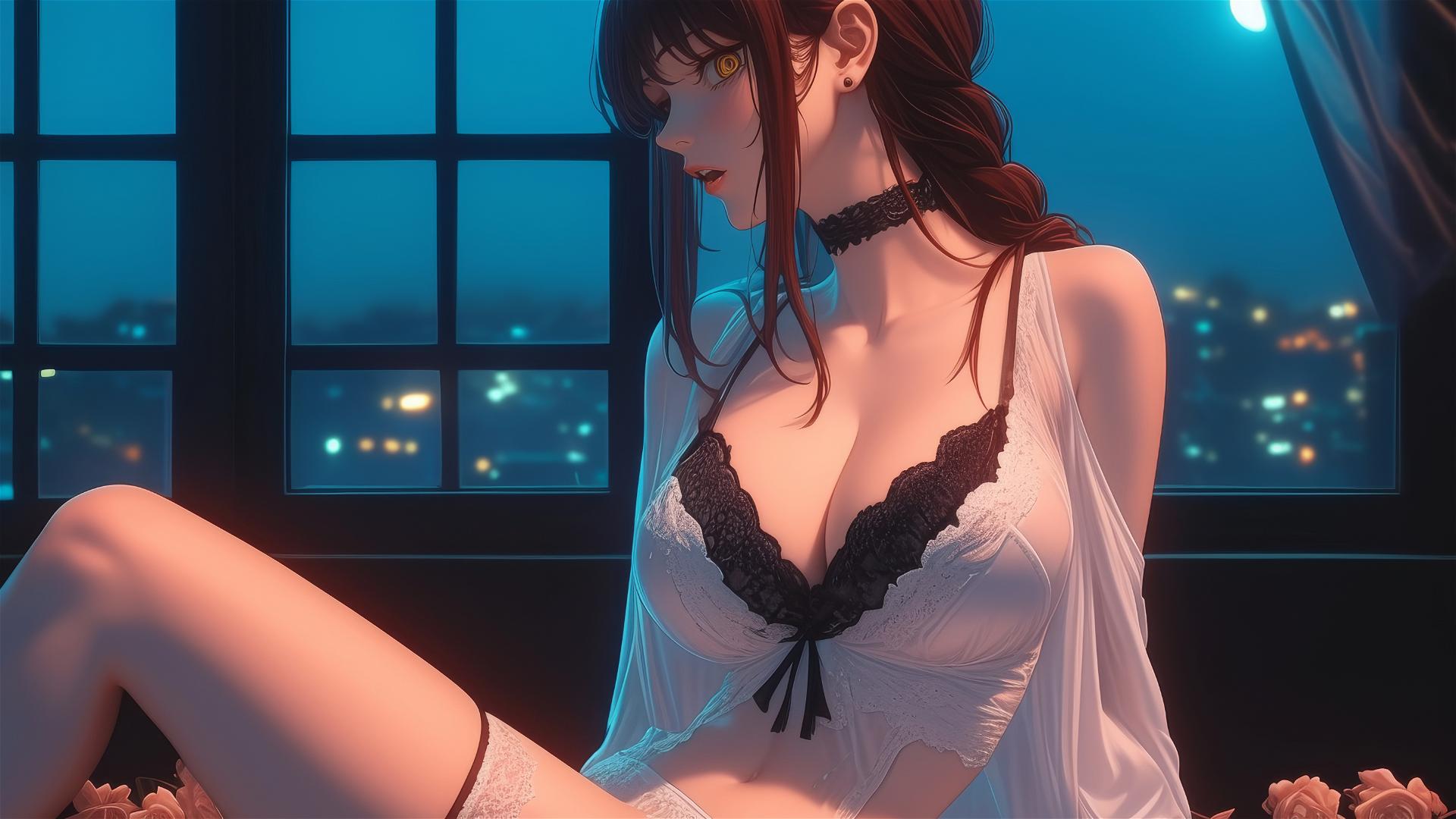 Makima in a room with moonlight casting a soft glow, Chainsaw Man