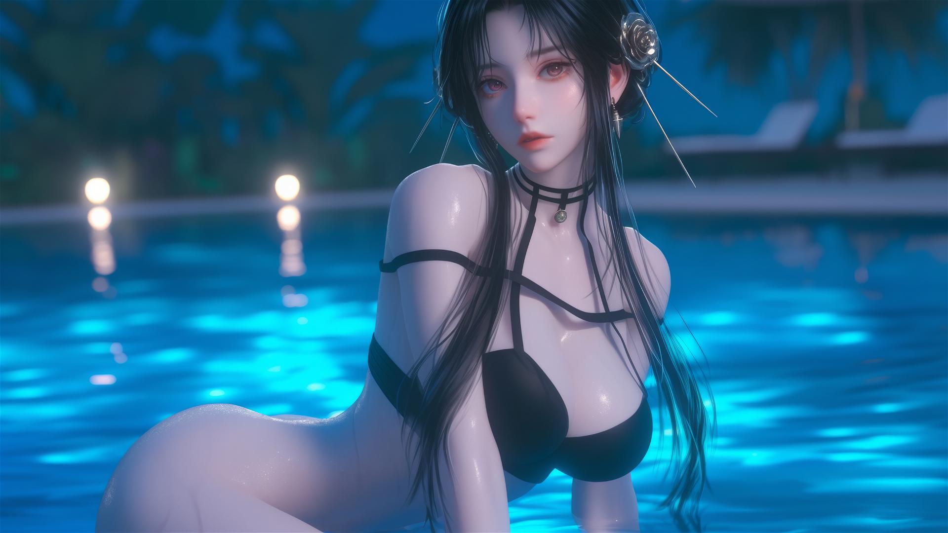 Yor Forger sitting by a rainy swimming pool under moonlight.