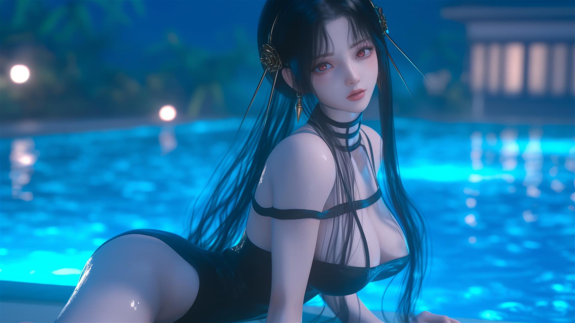 Yor Forger at a rainy pool under moonlight, thighs in focus, 8k realism