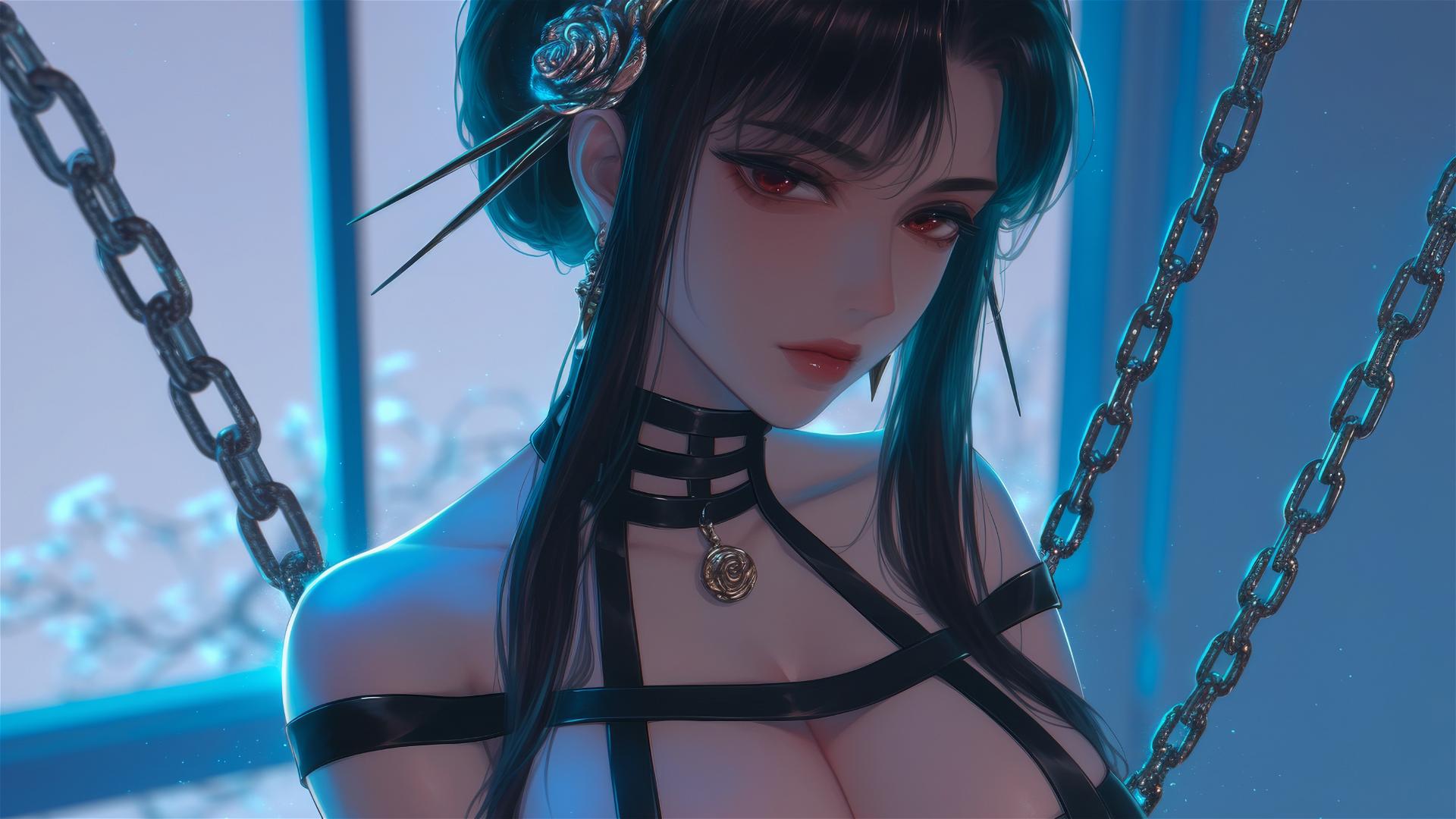Yor Forger from Spy x Family locked by iron chains in a neon-lit hotel room.