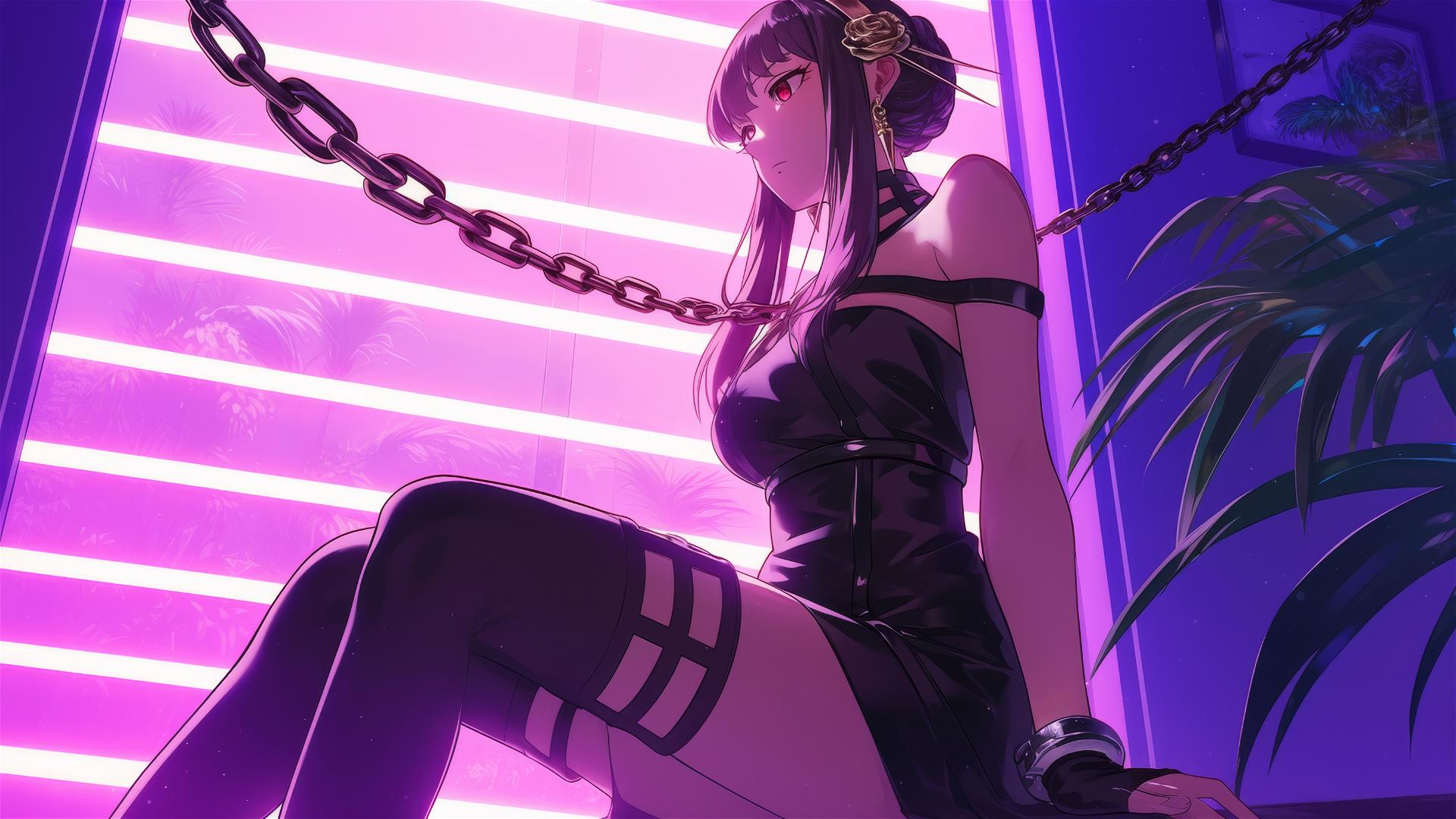 Yor Forger from Spy x Family locked by thick iron chains with neon pink background.