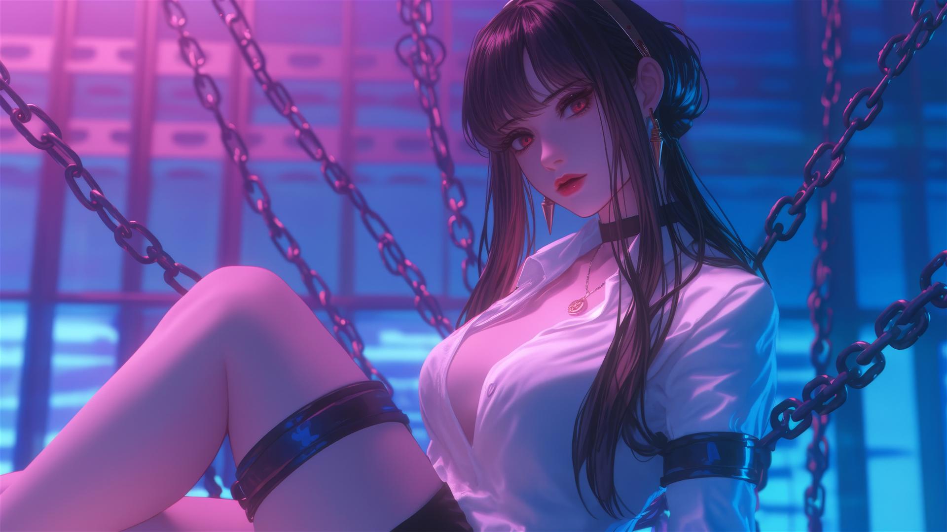 Yor Forger from Spy x Family chained in modern hotel room, neon lights