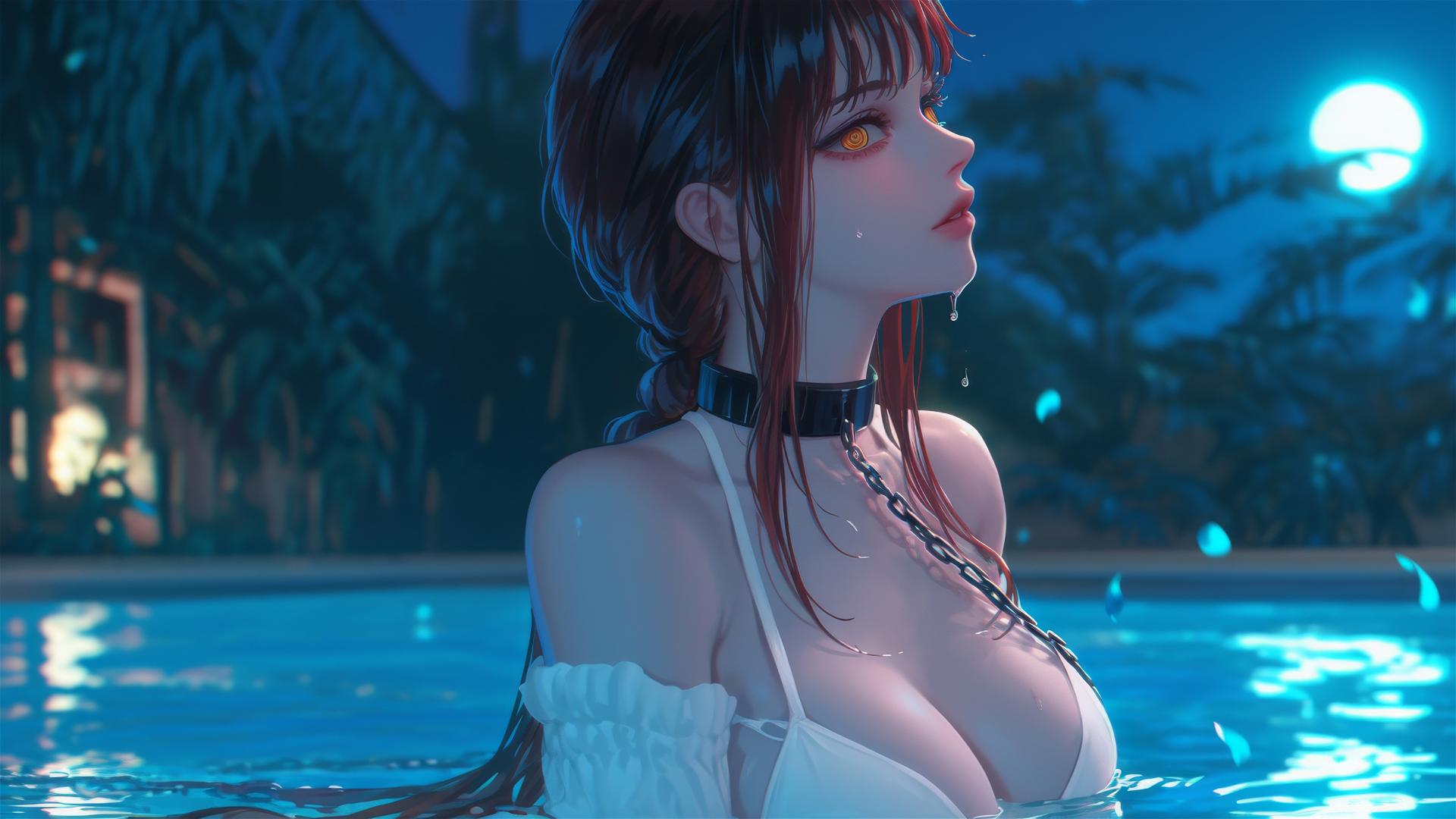 Makima from Chainsaw Man resting in a bathtub with moonlight glow.