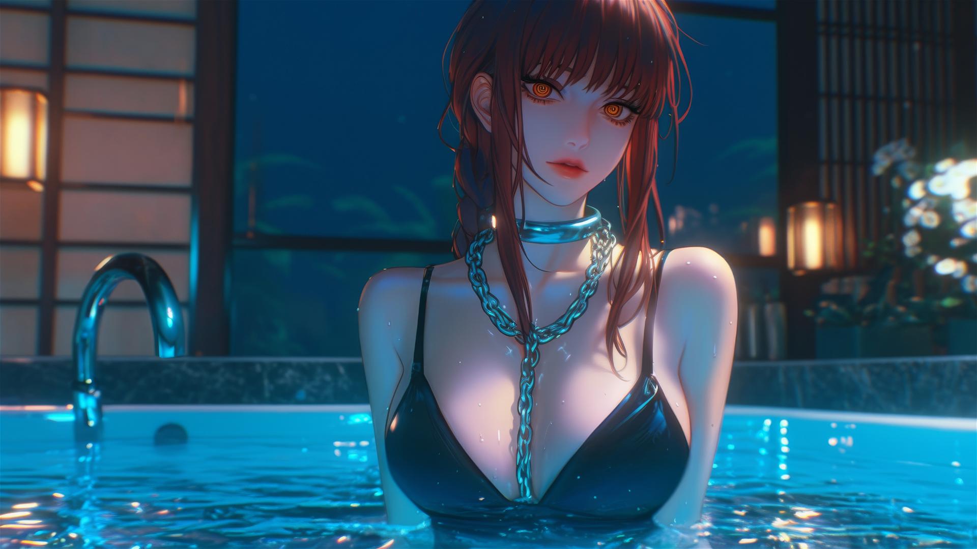 Makima from Chainsaw Man, neck locked with thick iron chains, in a tub with moonlight glow