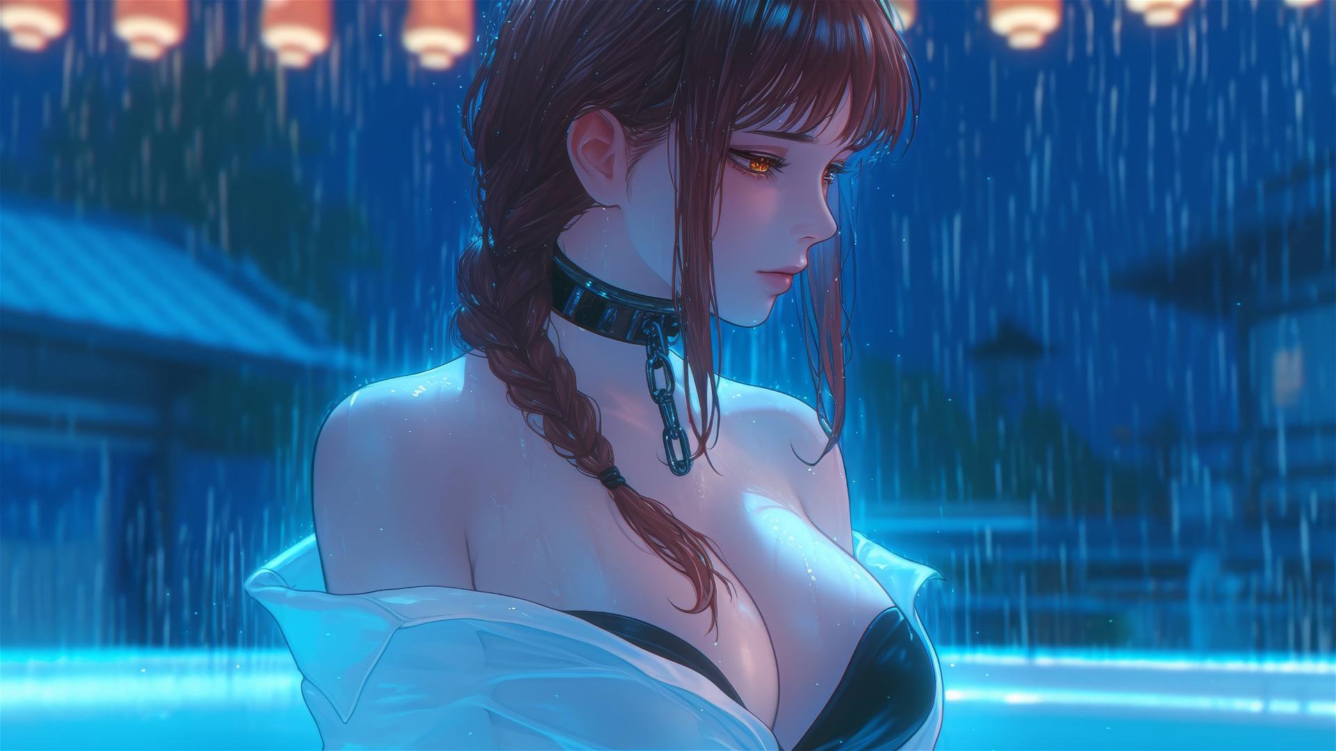 Makima from Chainsaw Man in a tub, chained, with moonlight glow